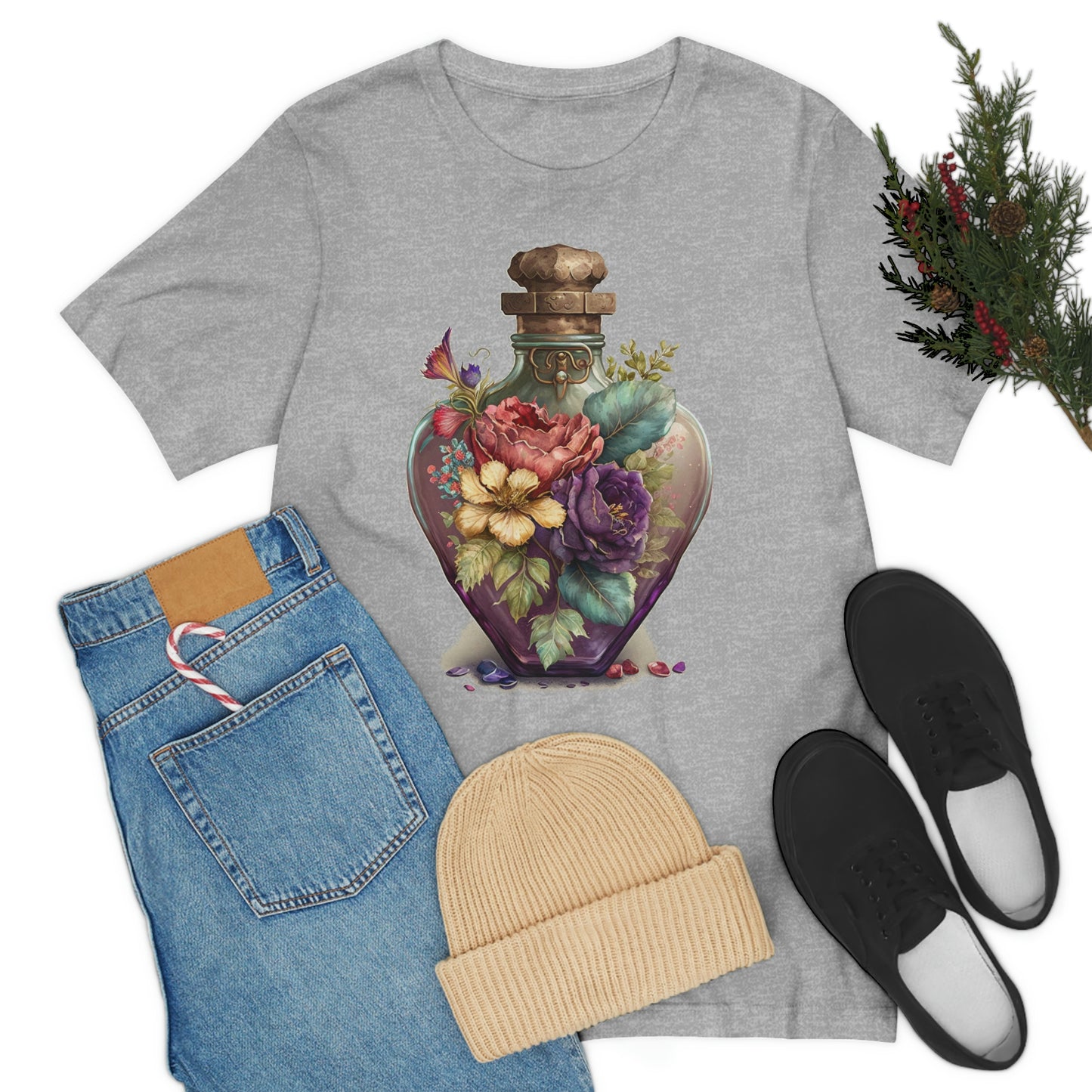 Vintage Bottle Floral Unisex Jersey Short Sleeve Tee