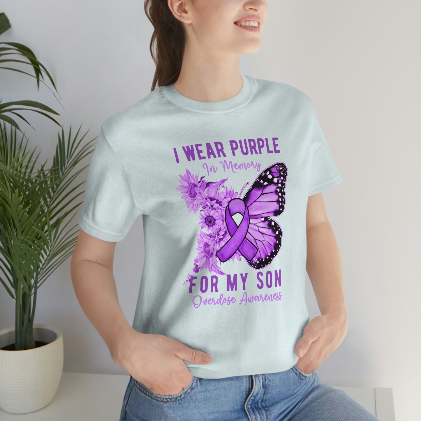 I Wear Purple In Memory For My Son Overdose Awareness Print Unisex Jersey Short Sleeve Tee