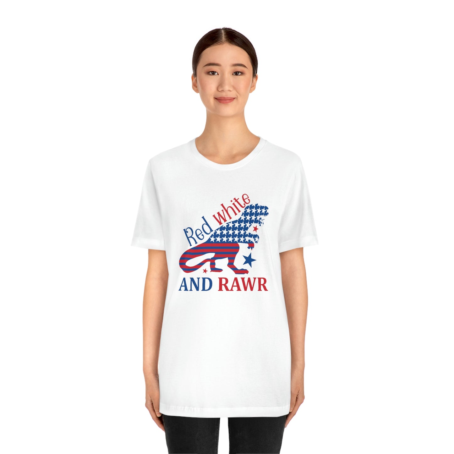 Red White Rawr Dinosaur 4th of July Unisex Jersey Short Sleeve Tee