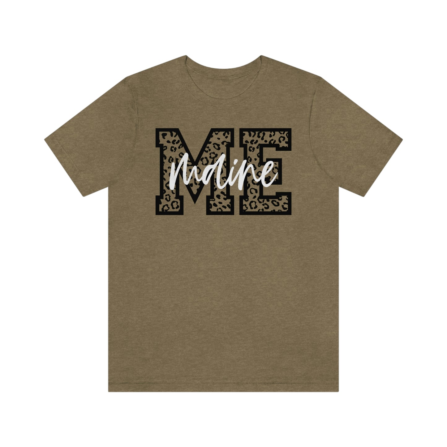 Maine ME Leopard Print Letters White Script Short Sleeve T-shirt