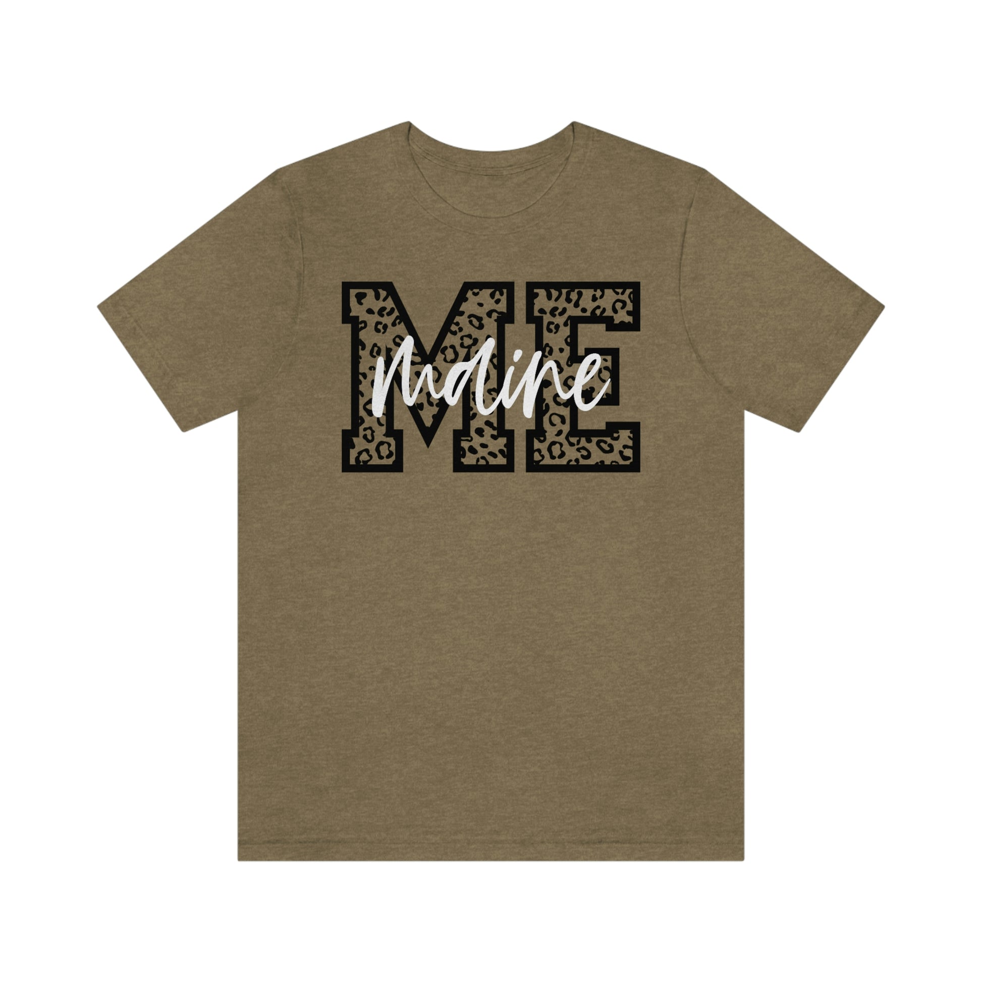 Maine ME Leopard Print Letters White Script Short Sleeve T-shirt