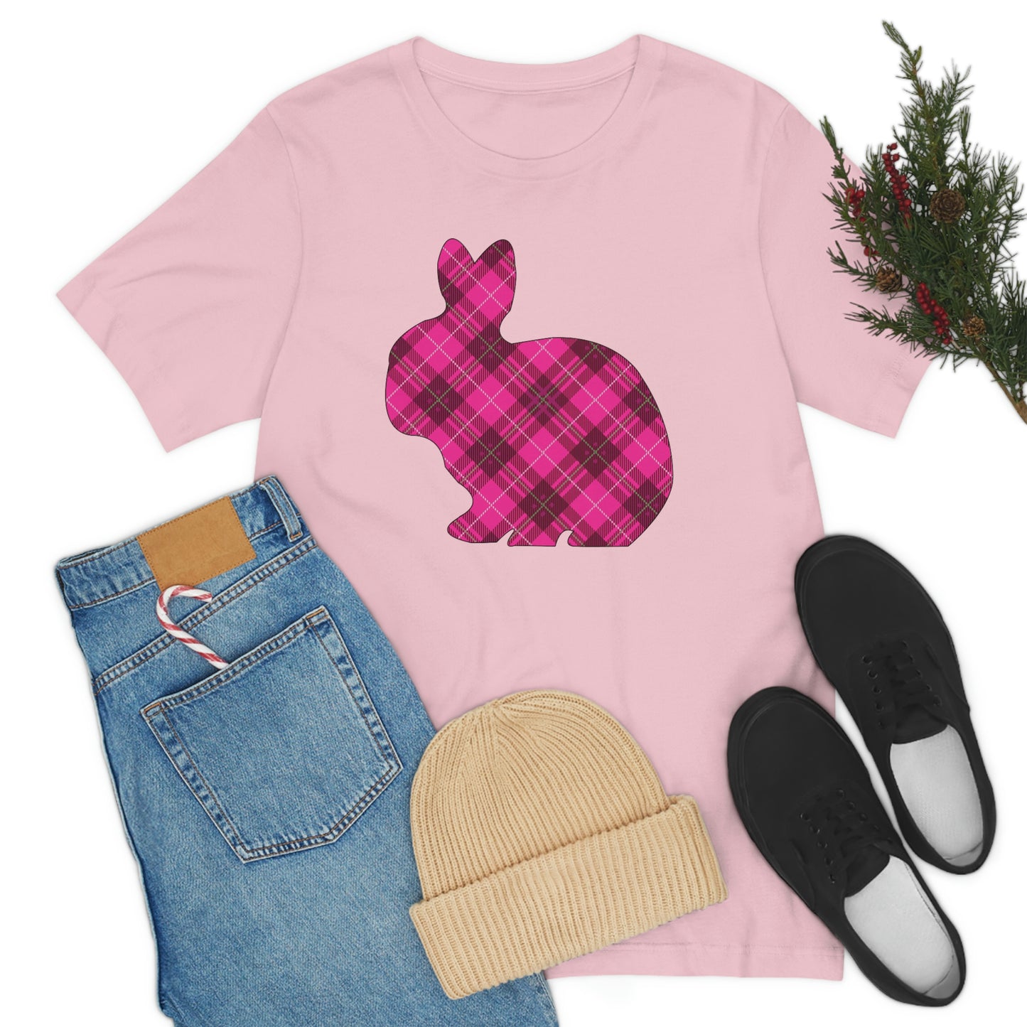 Pink Plaid Bunny Spring Easter Unisex Jersey Short Sleeve Tee