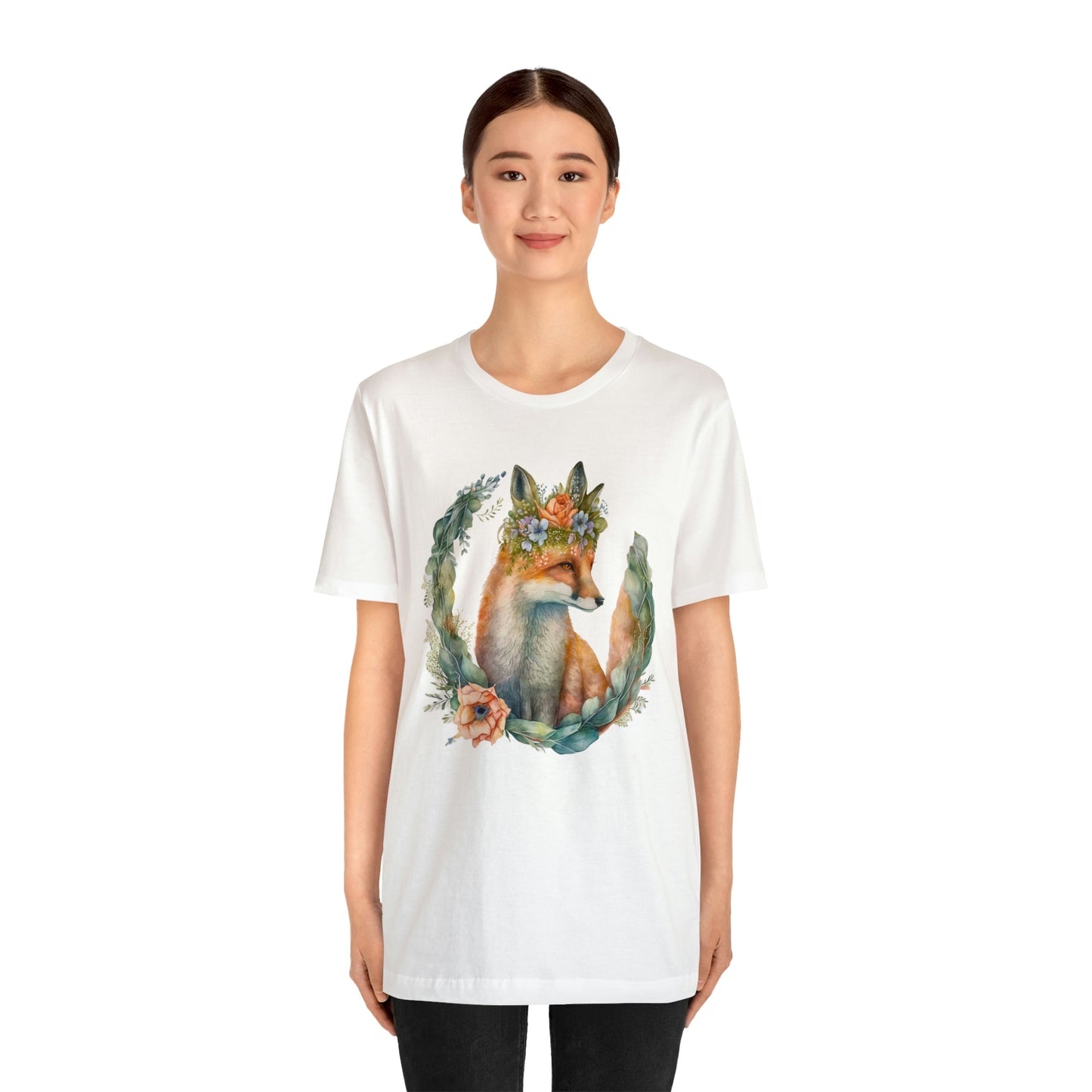 Watercolor Fox Peaking Through Wreath Short Sleeve T-shirt