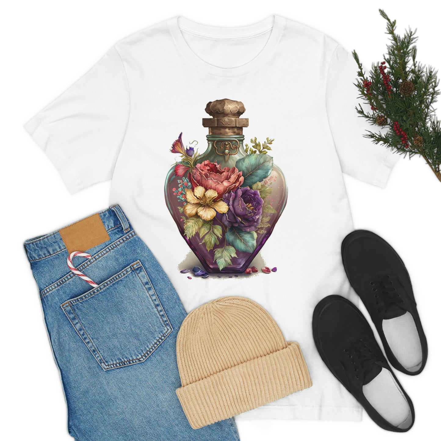 Vintage Bottle Floral Unisex Jersey Short Sleeve Tee