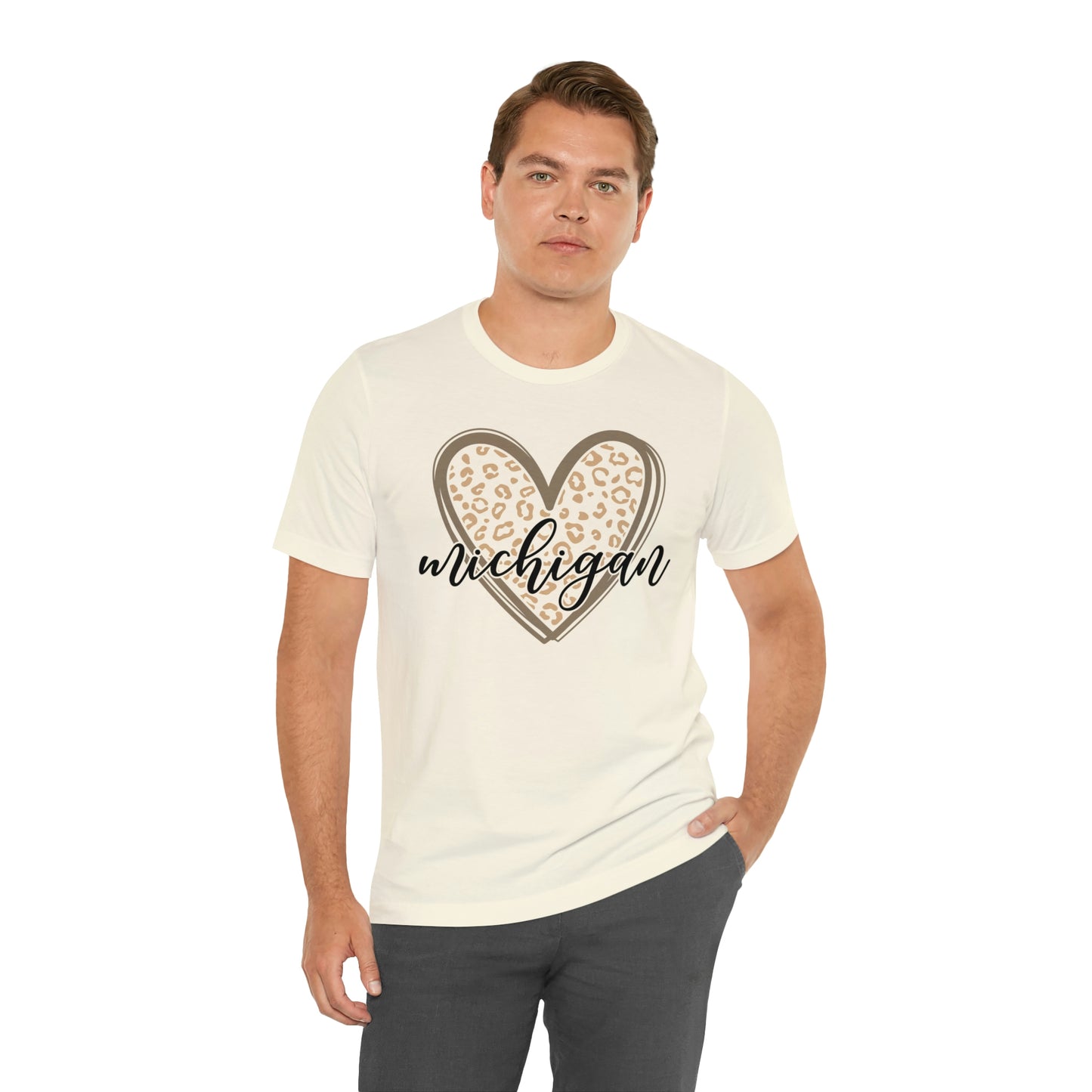 Michigan Gold Leopard Heart Black Script Short Sleeve T-shirt