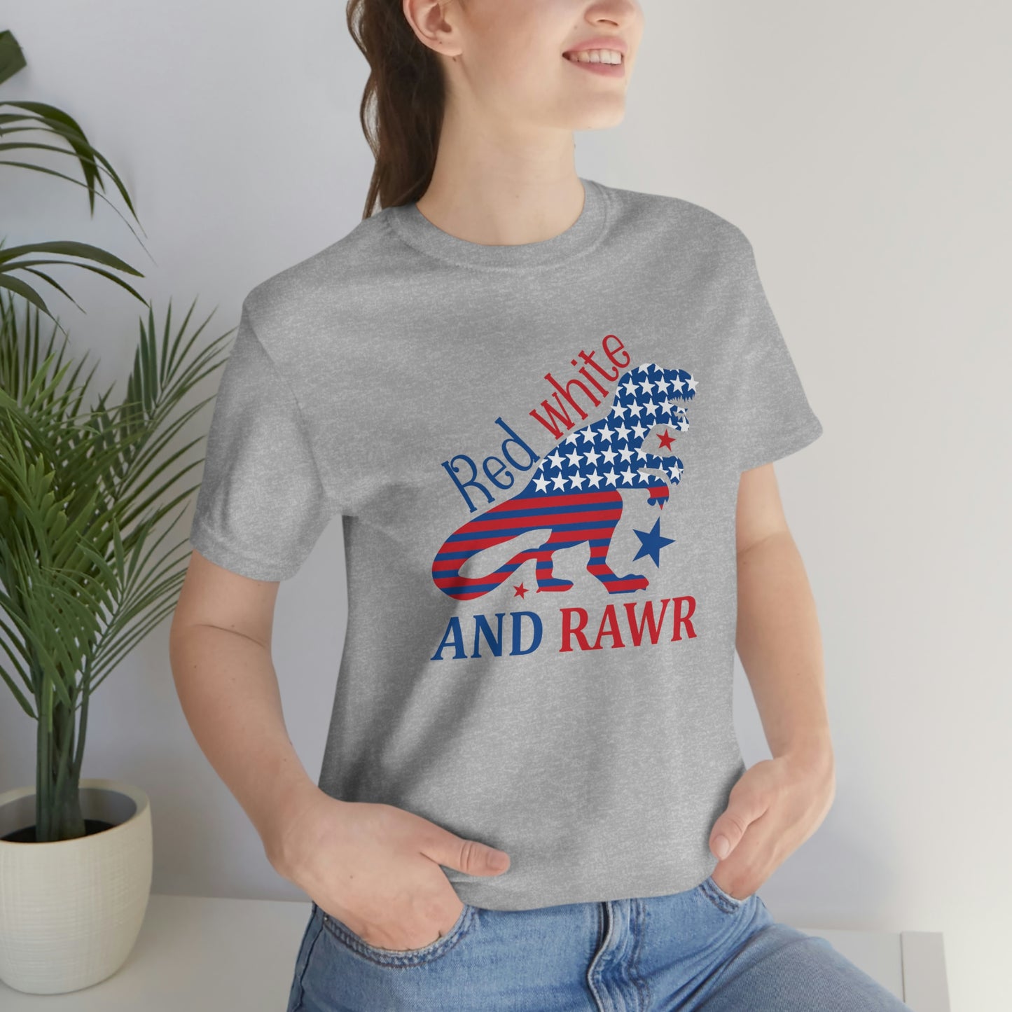 Red White Rawr Dinosaur 4th of July Unisex Jersey Short Sleeve Tee