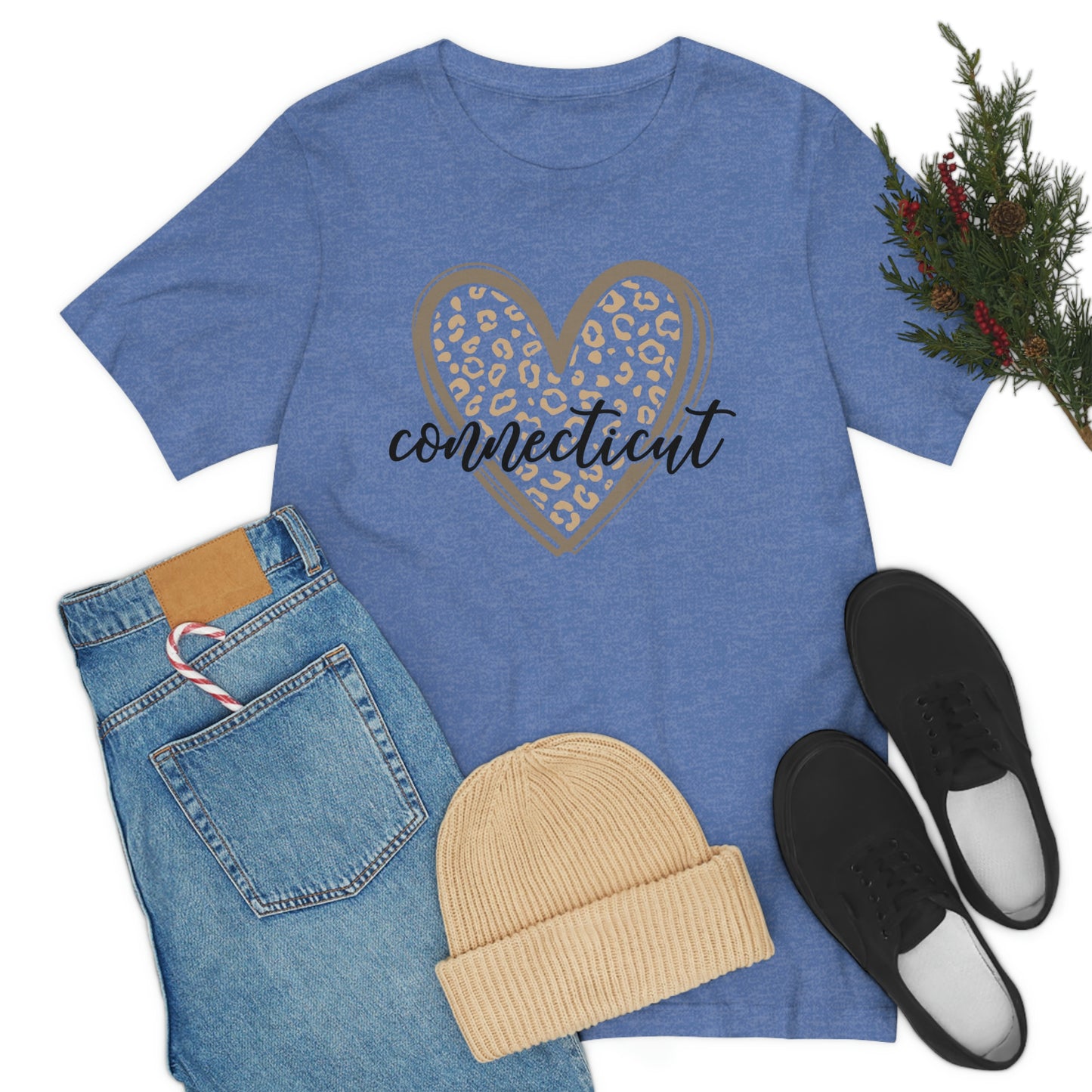 Connecticut Gold Leopard Print Heart Script Short Sleeve T-shirt