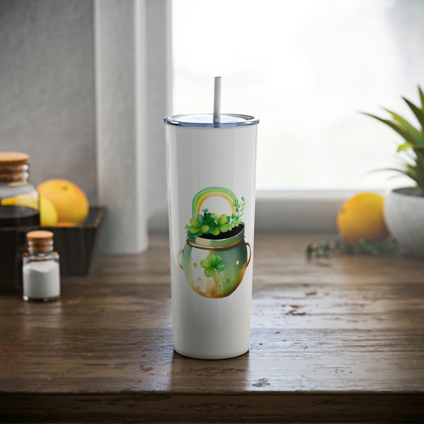 St. Patrick's Day Pot of Gold Skinny Steel Tumbler with Straw, 20oz