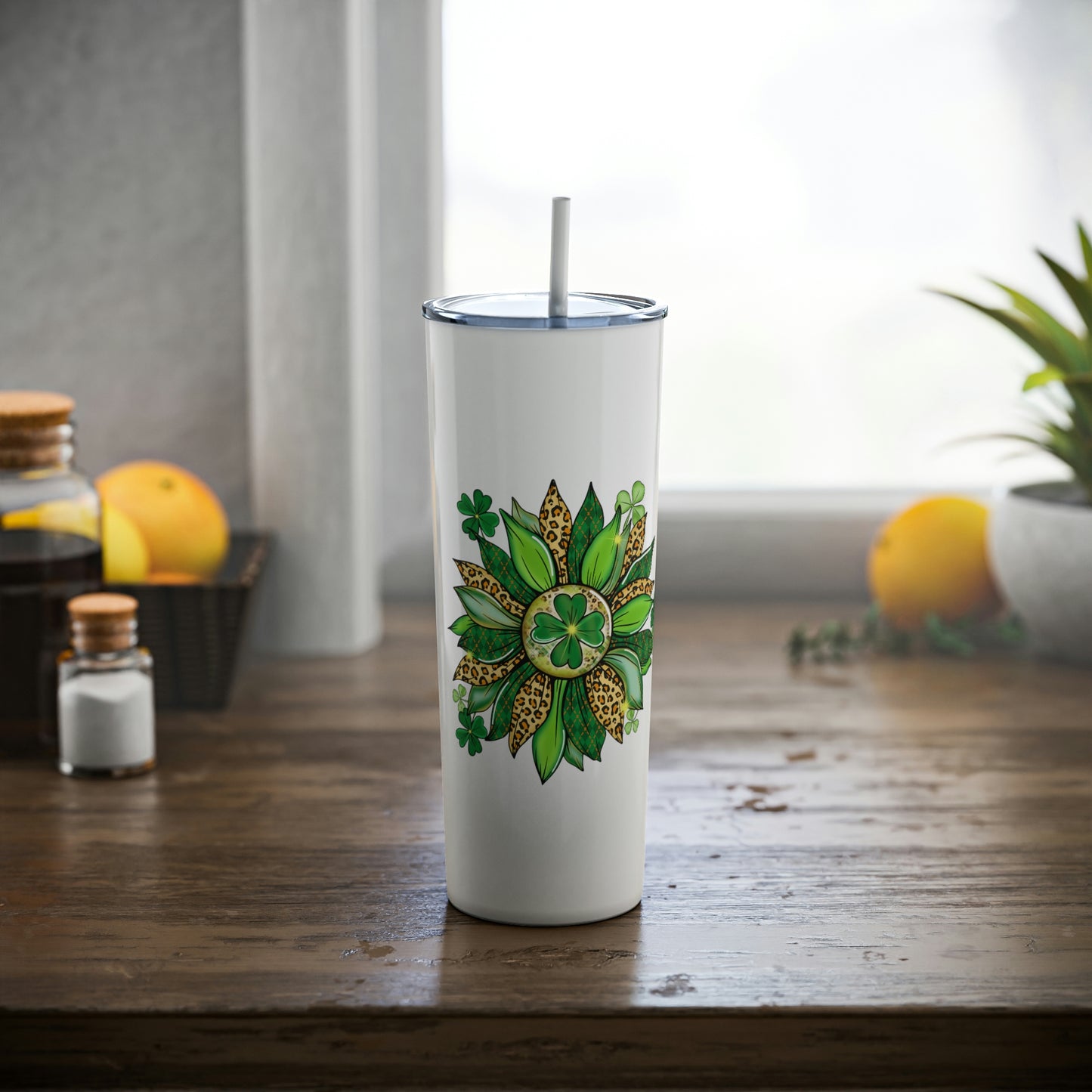 Shamrock Flower St. Patrick's Day Skinny Steel Tumbler with Straw, 20oz