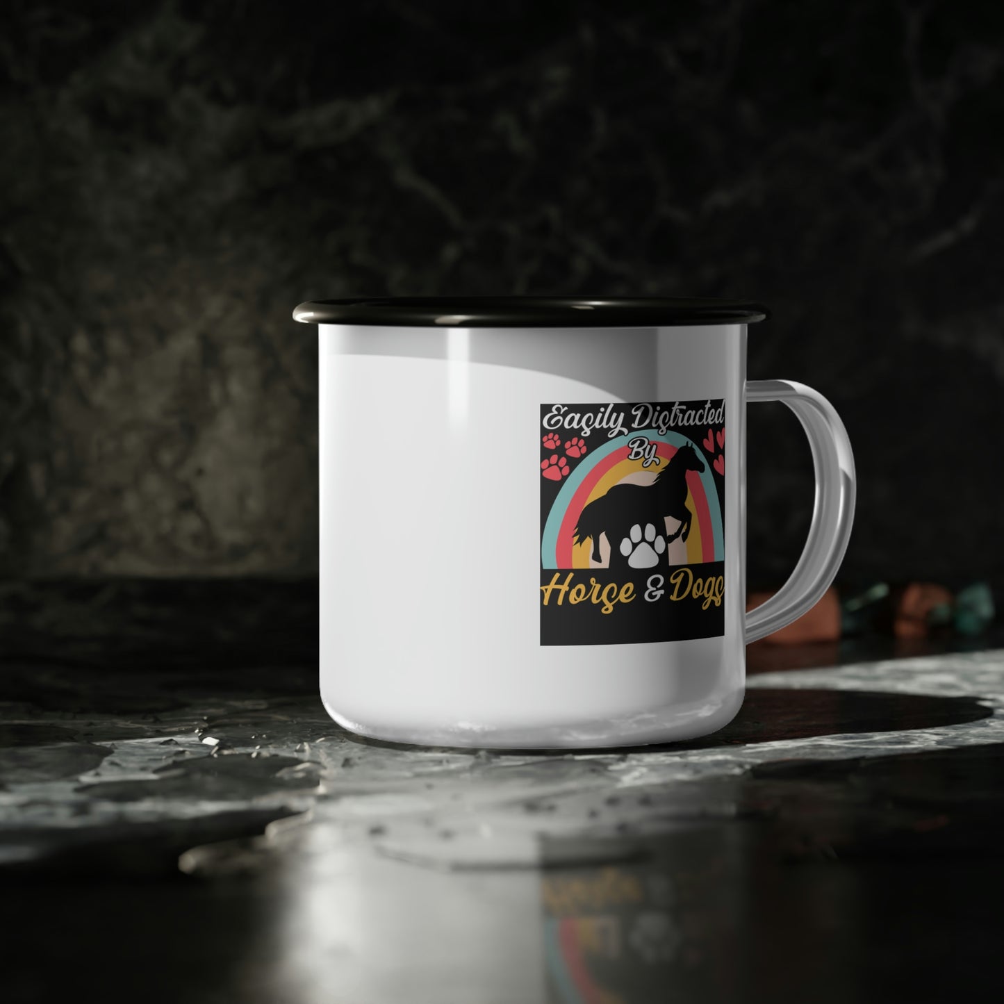Easily Distracted Horse by Dogs White Enamel Camp Cup