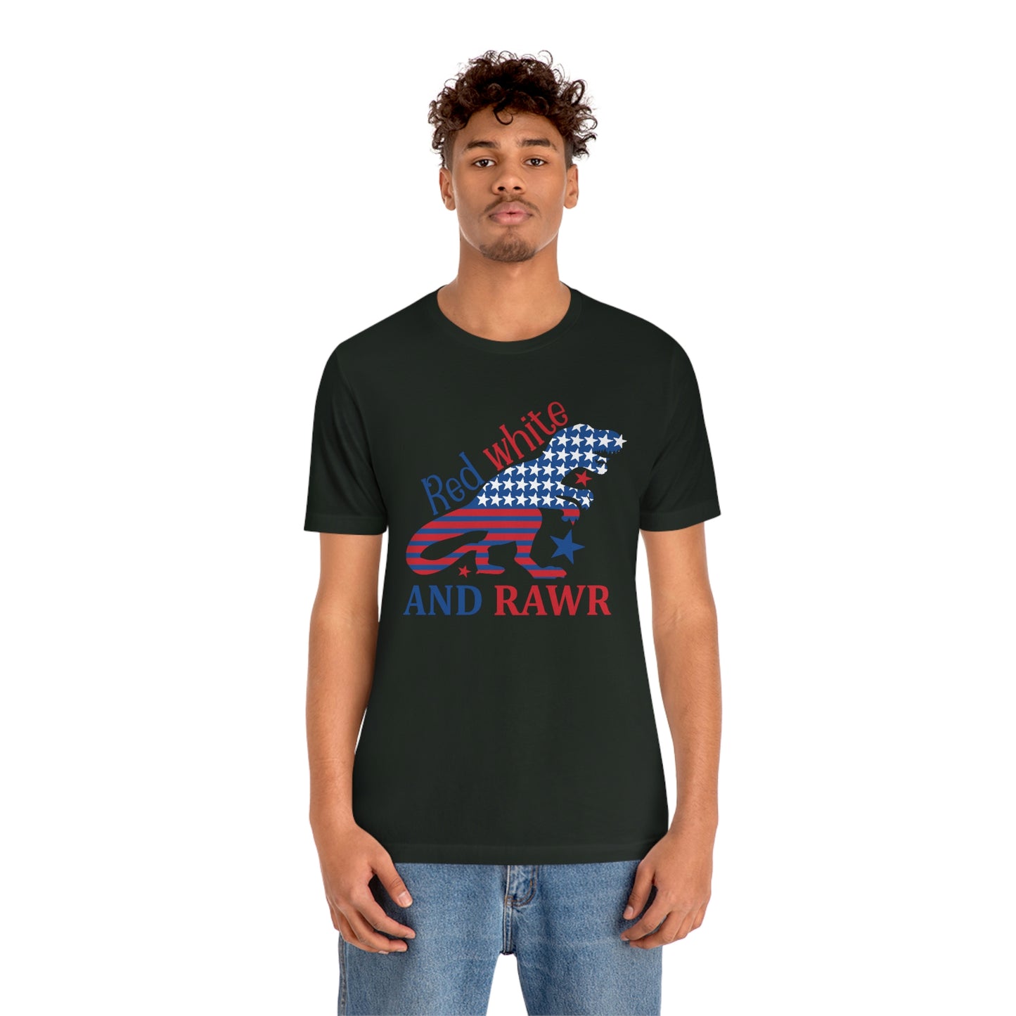 Red White Rawr Dinosaur 4th of July Unisex Jersey Short Sleeve Tee