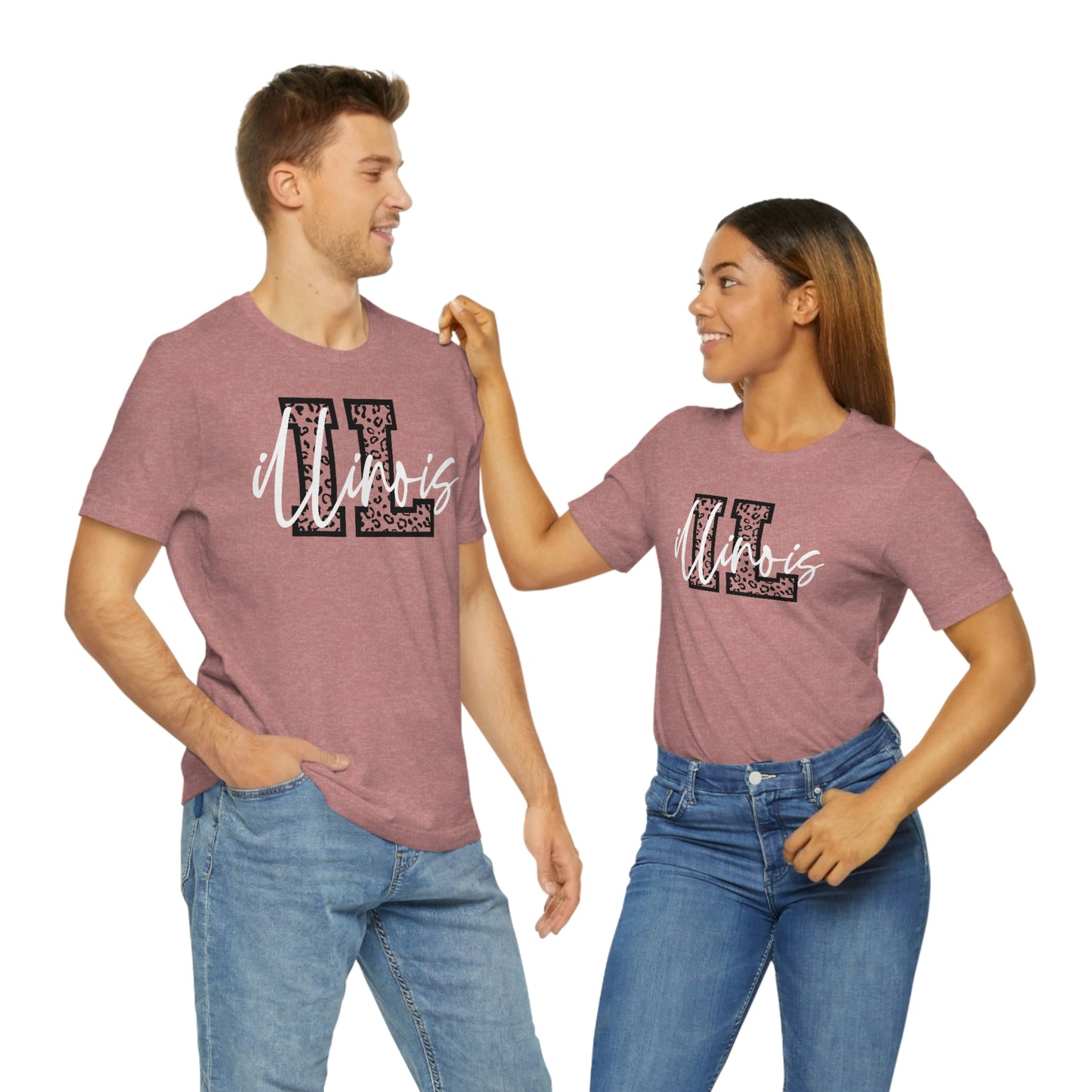 Illinois ID Leopard Print Letters White Script Short Sleeve T-shirt
