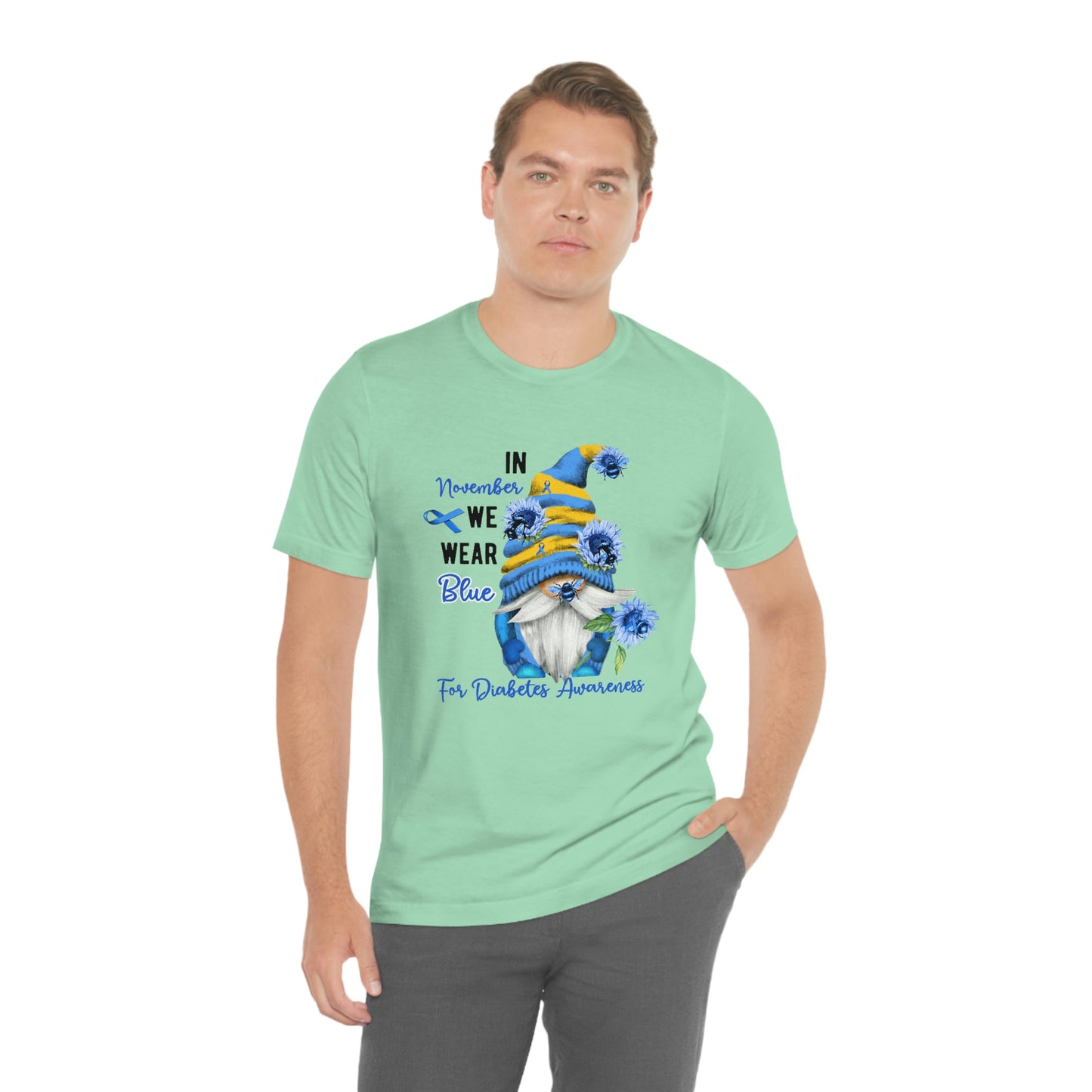 In November We Wear Blue Gnome Diabetes Awareness Print Unisex Jersey Short Sleeve Tee