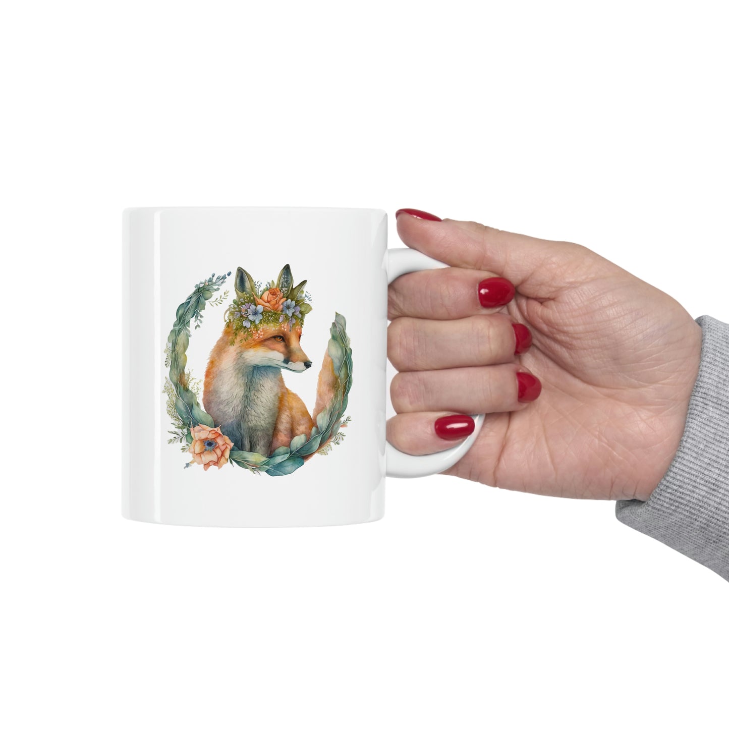Spring Watercolor Fox Wreath Ceramic Mug 11oz