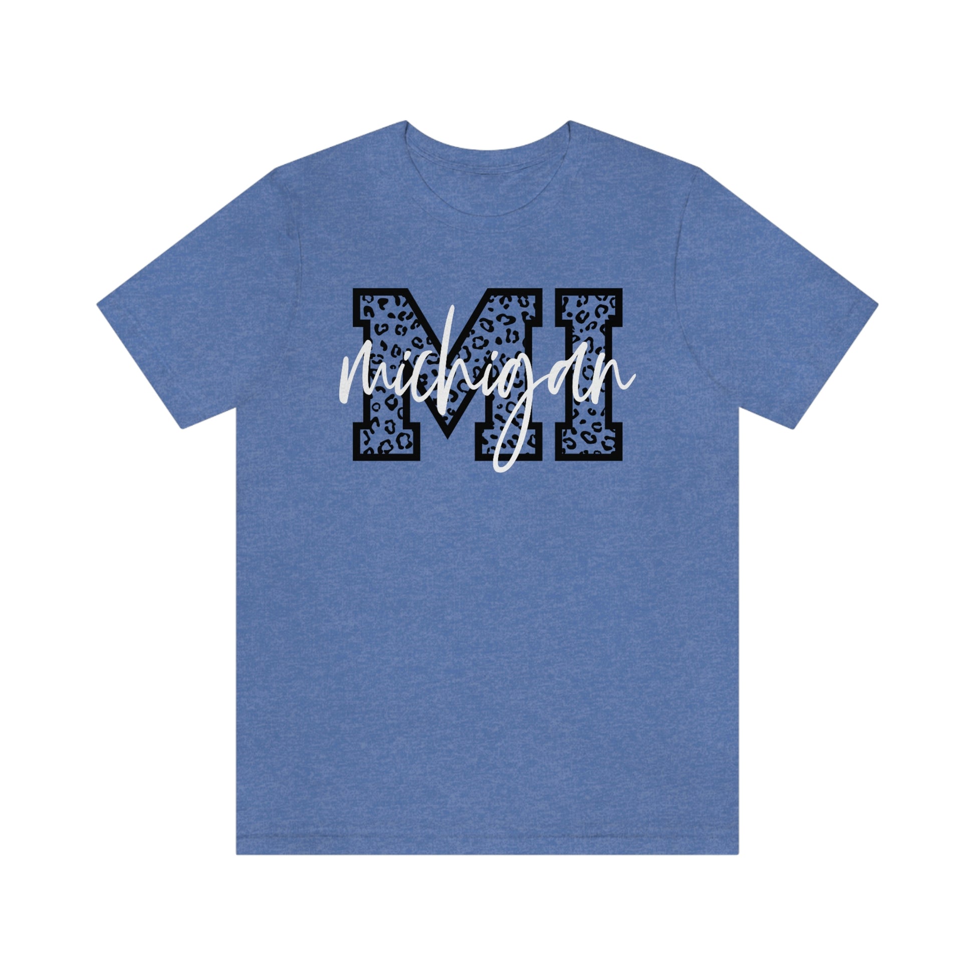 Michigan MI Leopard Print Letters White Script Short Sleeve T-shirt