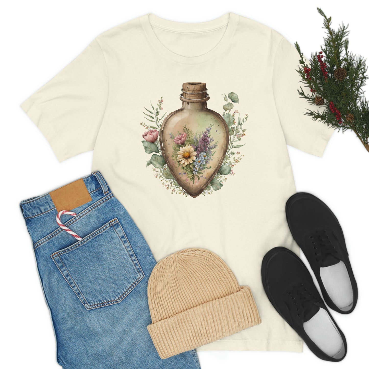 Vintage Bottle Floral Unisex Jersey Short Sleeve Tee