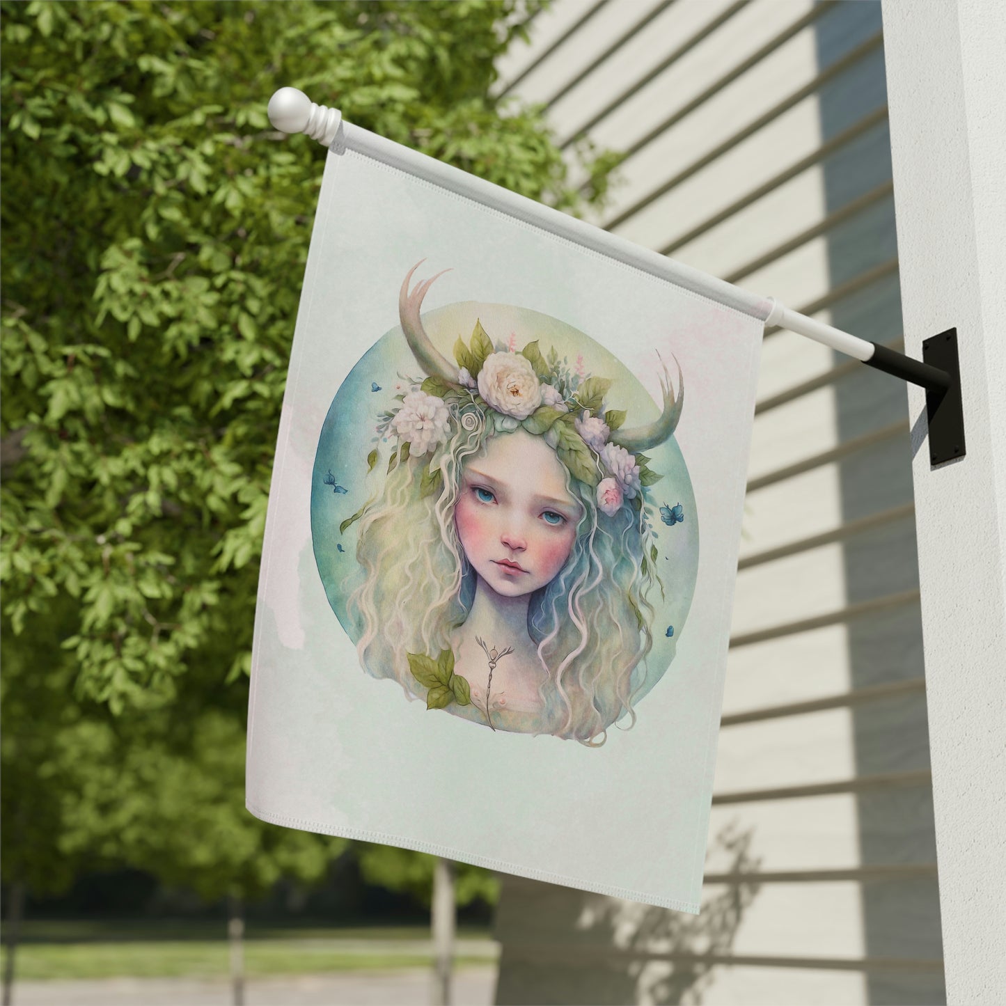 Girl Flowers Antlers Watercolor Garden & House Banner