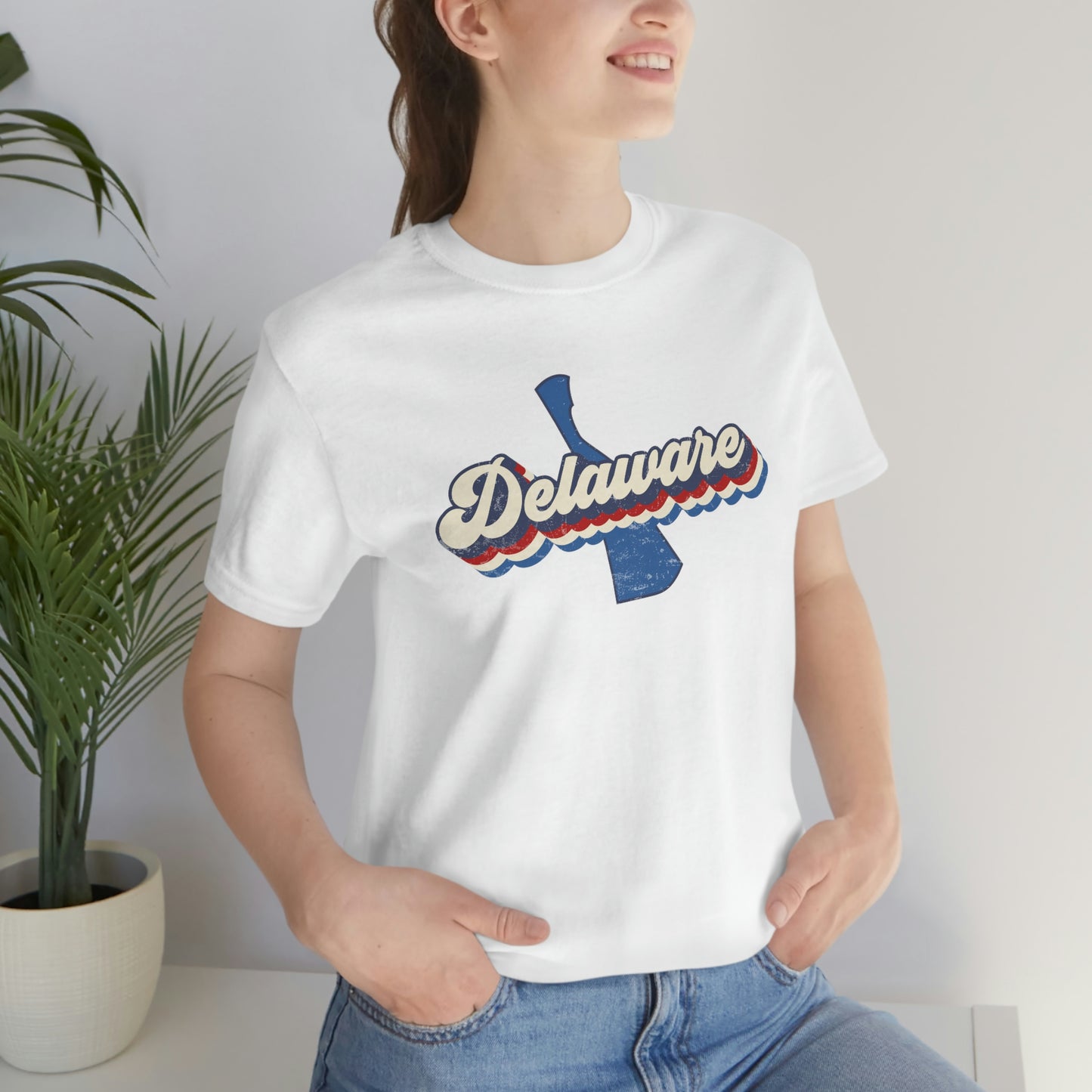 Delaware Script Red White Blue on Blue Delaware Short Sleeve T-shirt