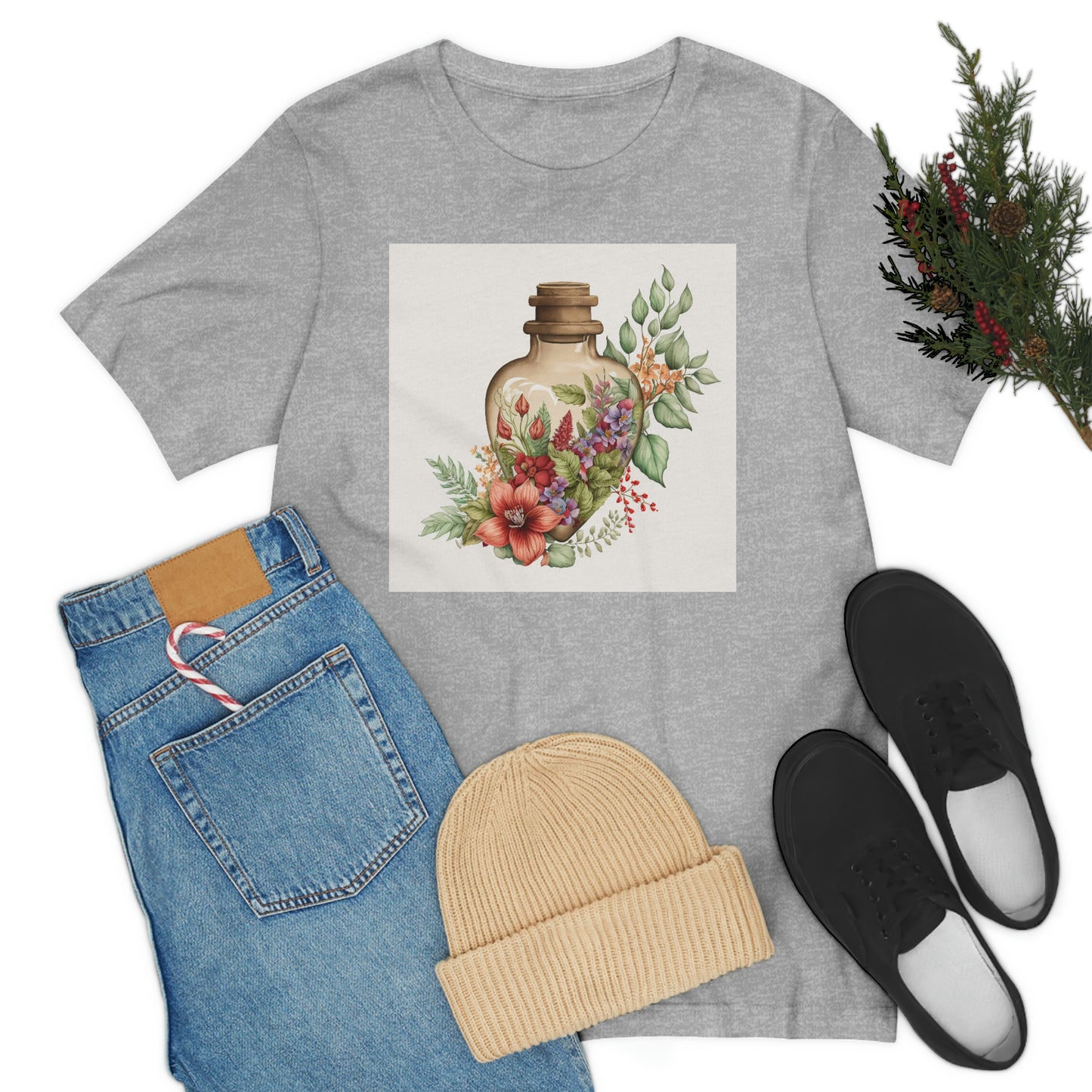 Vintage Bottle Floral Unisex Jersey Short Sleeve Tee