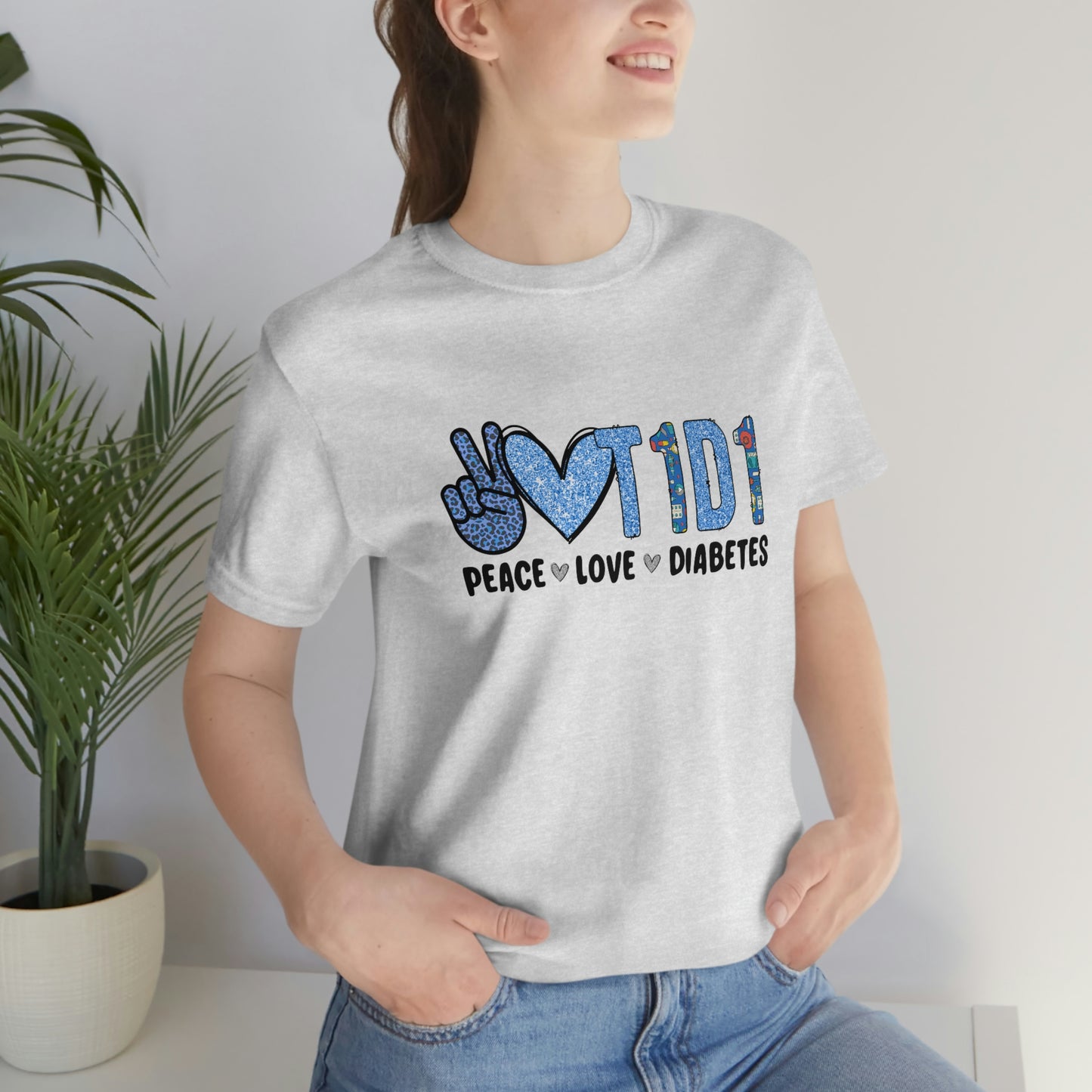 Peace Love T1D1 Diabetes Awareness Print Unisex Jersey Short Sleeve Tee