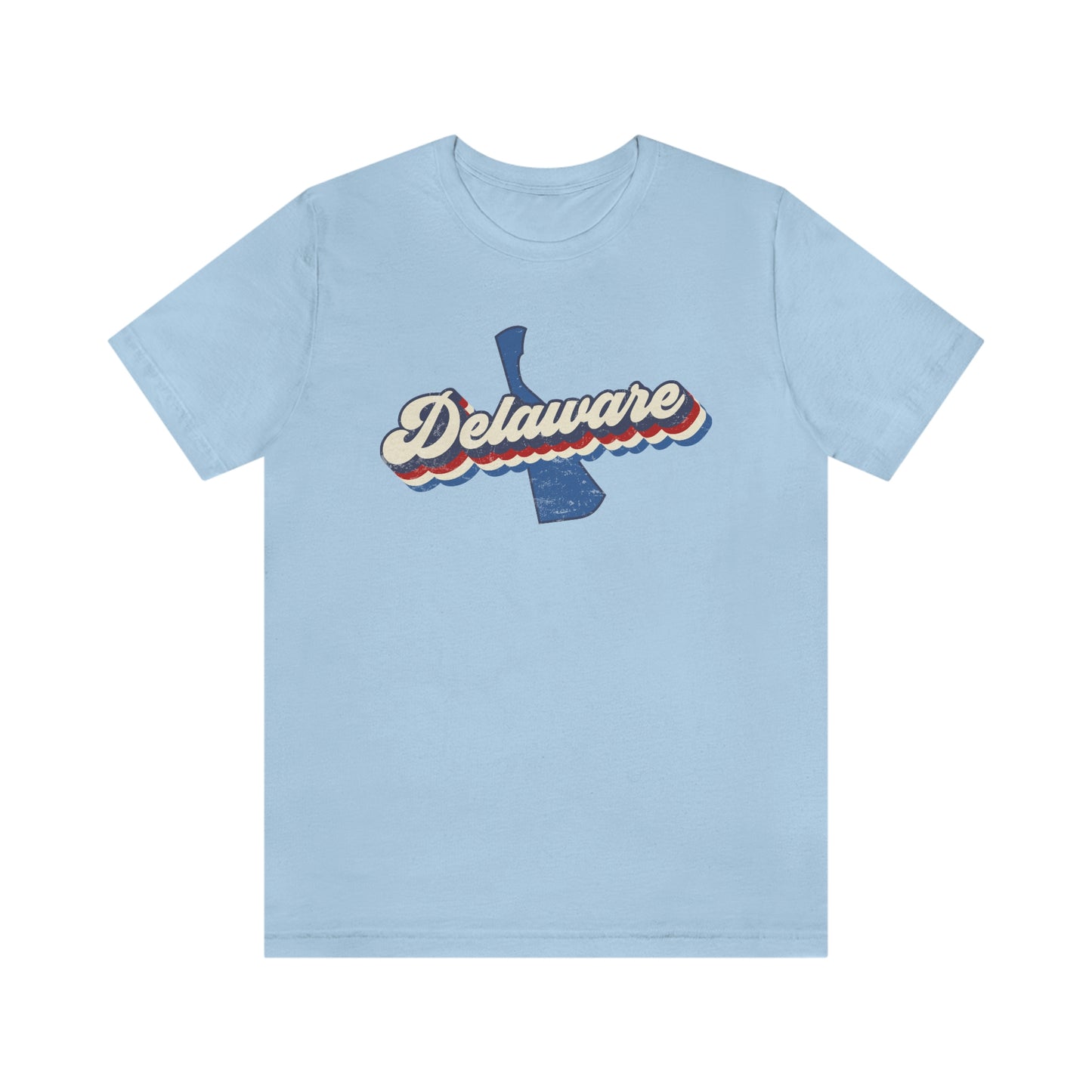 Delaware Script Red White Blue on Blue Delaware Short Sleeve T-shirt