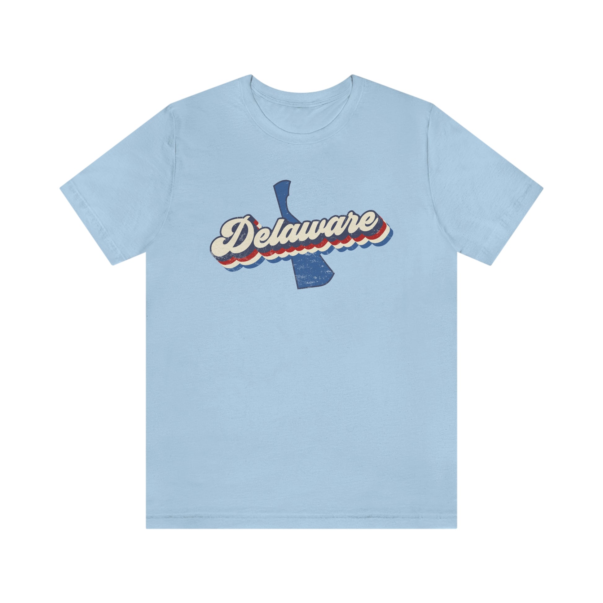 Delaware Script Red White Blue on Blue Delaware Short Sleeve T-shirt
