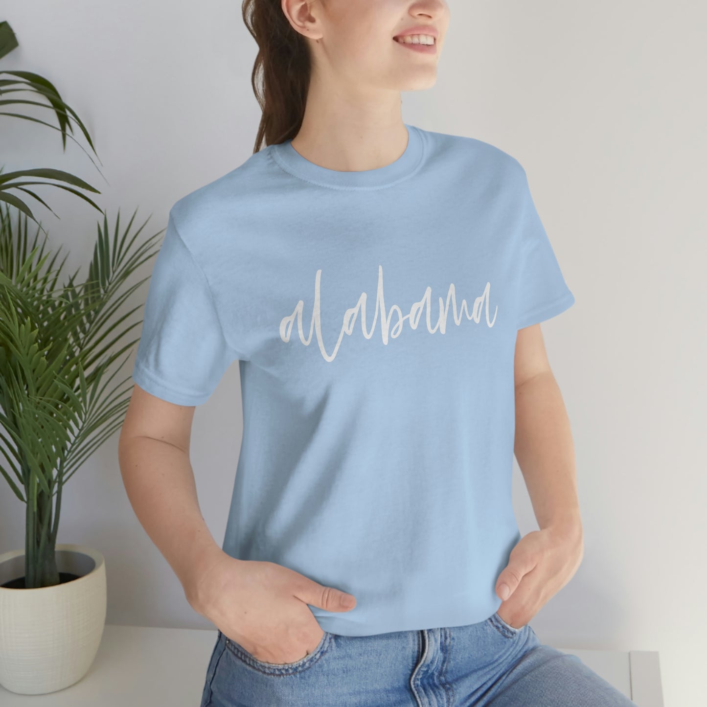 Alabama in White Script Unisex Jersey Short Sleeve T-shirt