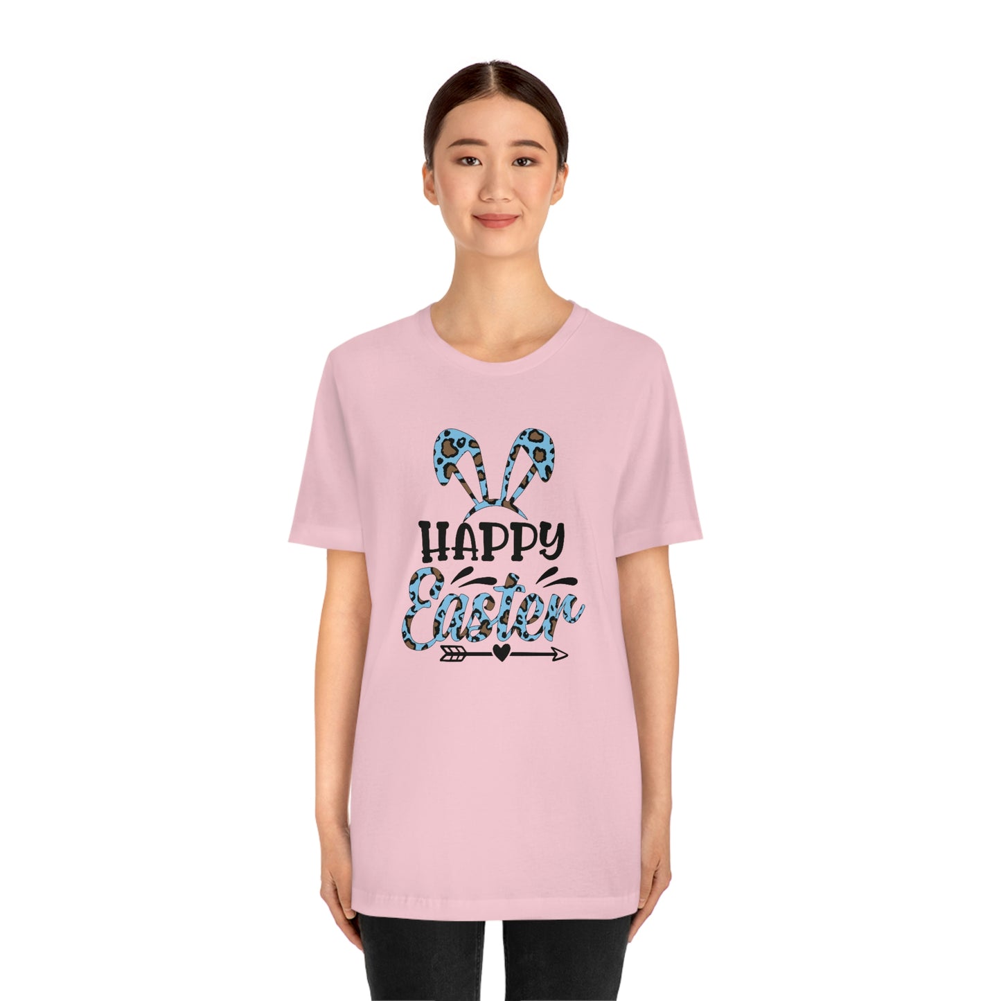 Happy Easter Bunny Ears Blue Leopard Print Unisex Jersey Short Sleeve Tee
