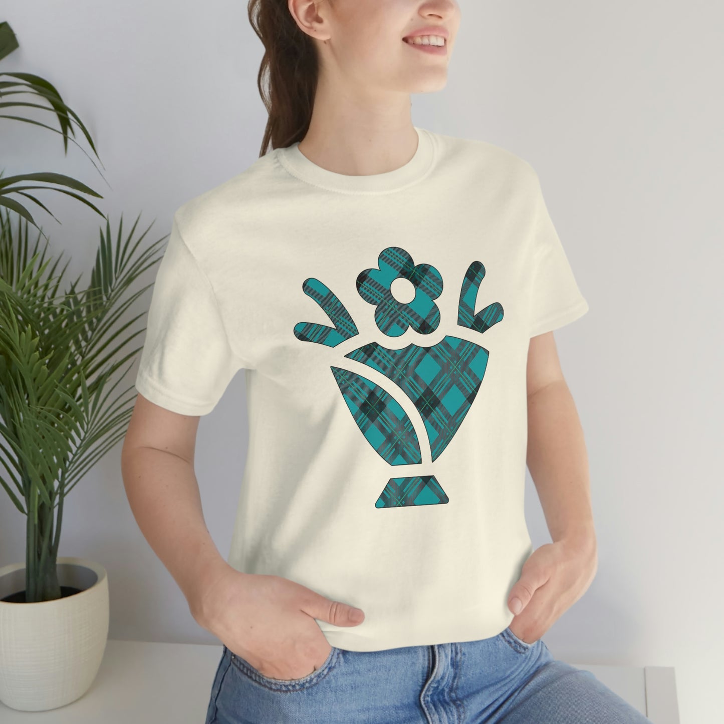 Blue Plaid Egg Basket Flowers Unisex Jersey Short Sleeve Tee