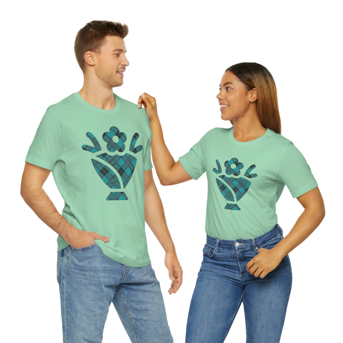 Blue Plaid Egg Basket Flowers Unisex Jersey Short Sleeve Tee