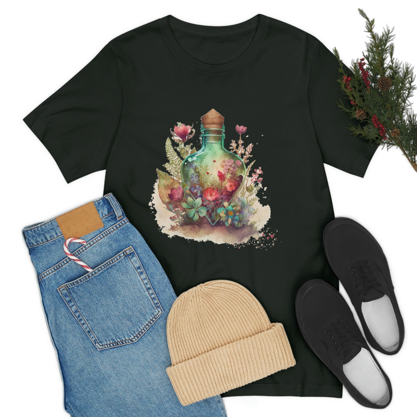 Vintage Bottle Floral Unisex Jersey Short Sleeve Tee