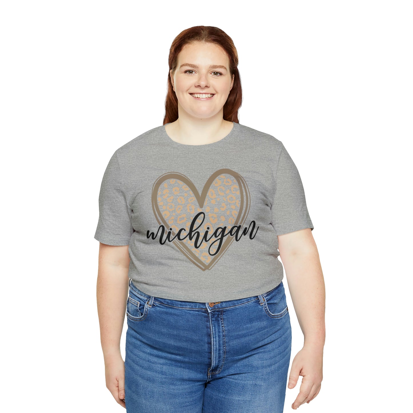 Michigan Gold Leopard Heart Black Script Short Sleeve T-shirt