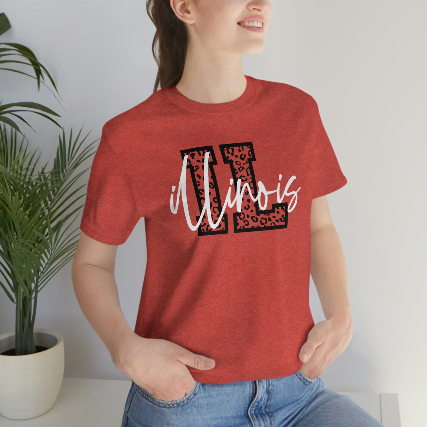 Illinois ID Leopard Print Letters White Script Short Sleeve T-shirt