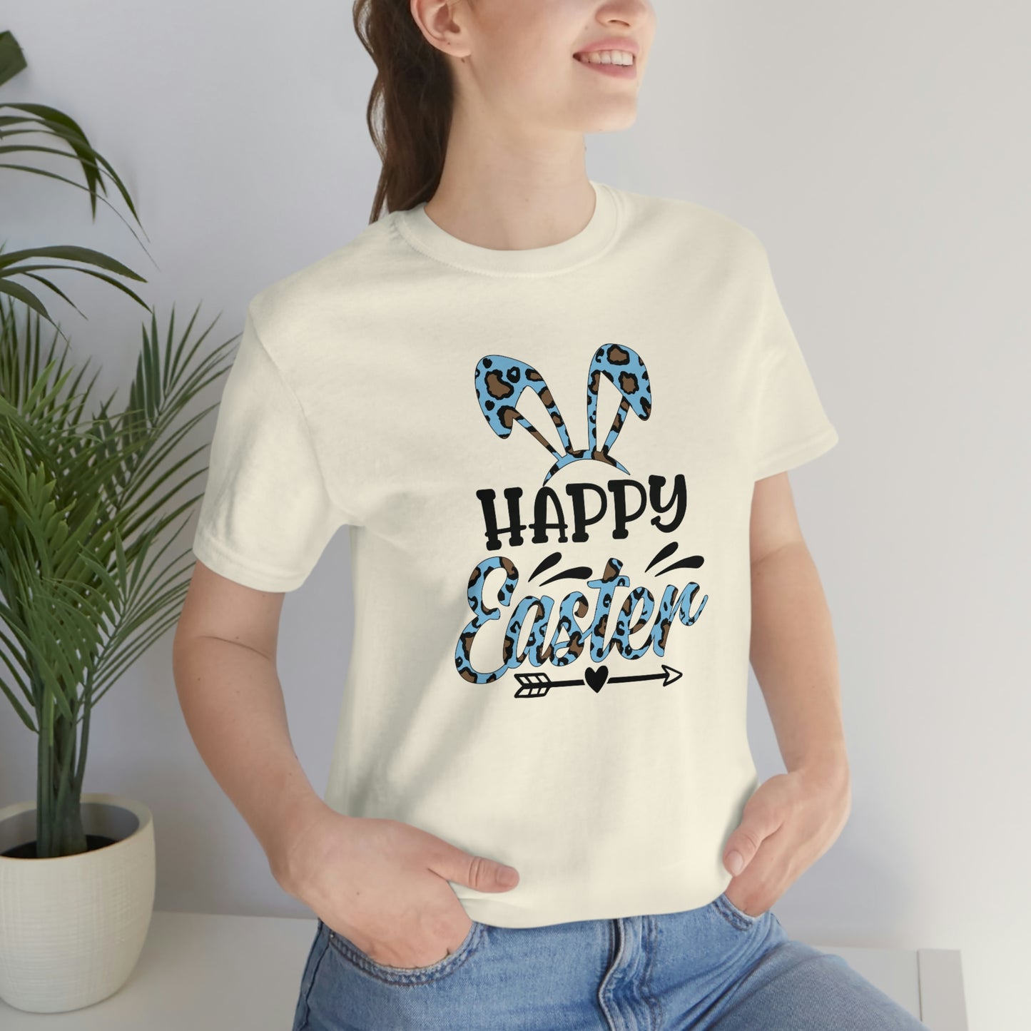 Happy Easter Bunny Ears Blue Leopard Print Unisex Jersey Short Sleeve Tee