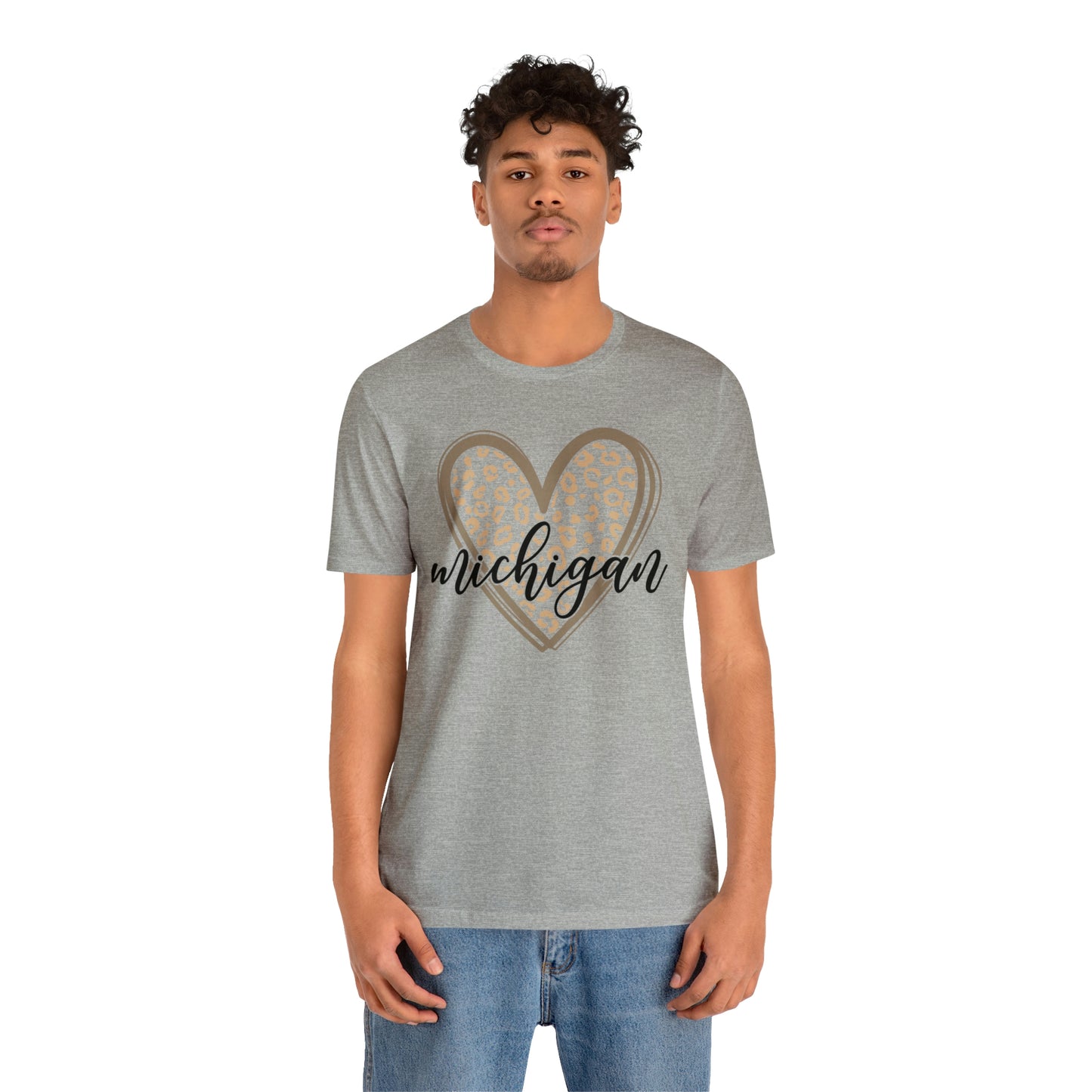 Michigan Gold Leopard Heart Black Script Short Sleeve T-shirt