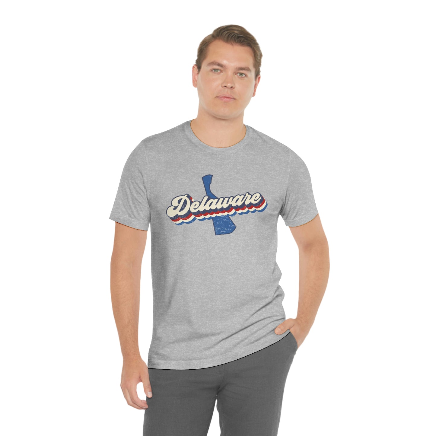 Delaware Script Red White Blue on Blue Delaware Short Sleeve T-shirt