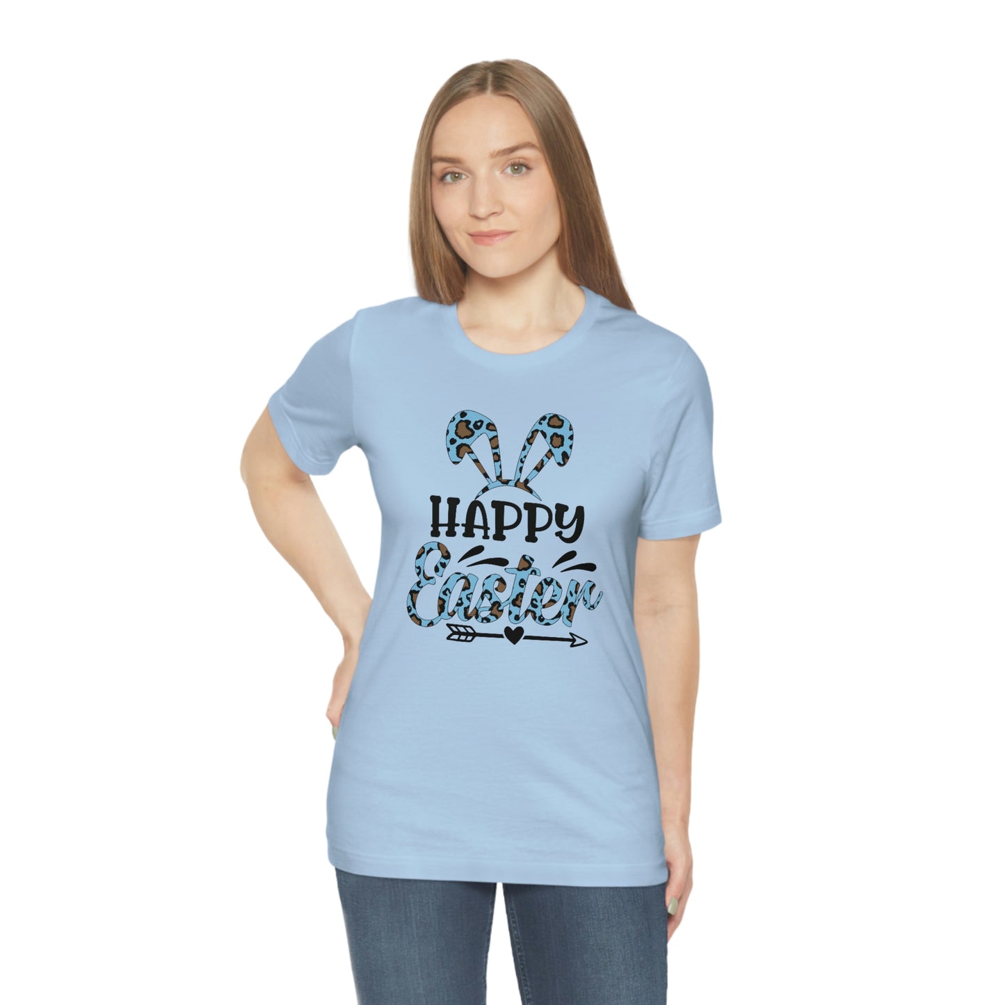 Happy Easter Bunny Ears Blue Leopard Print Unisex Jersey Short Sleeve Tee