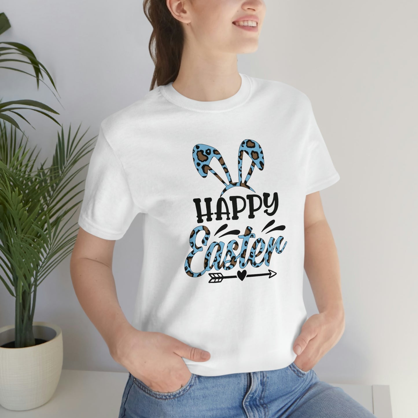 Happy Easter Bunny Ears Blue Leopard Print Unisex Jersey Short Sleeve Tee
