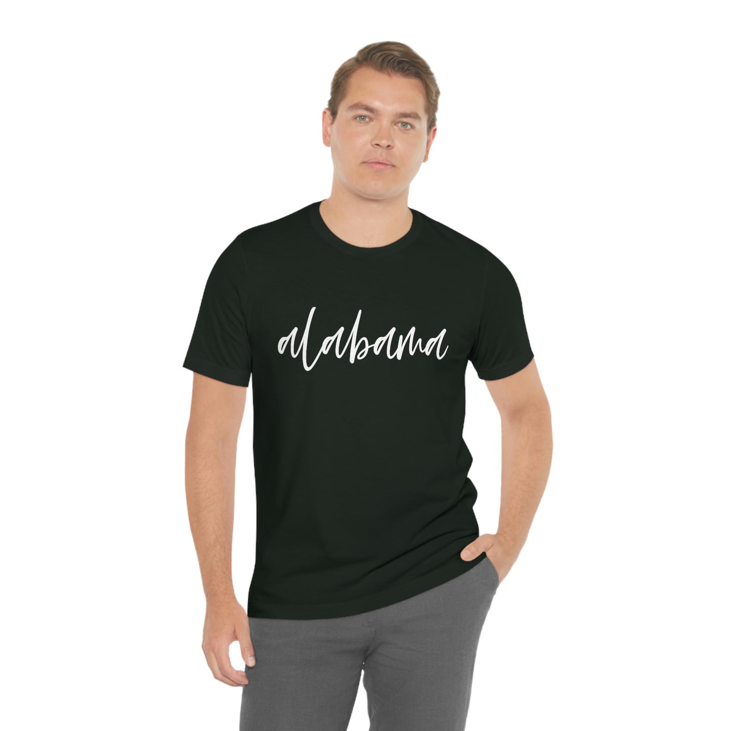 Alabama in White Script Unisex Jersey Short Sleeve T-shirt