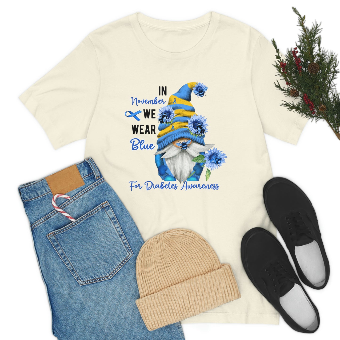 In November We Wear Blue Gnome Diabetes Awareness Print Unisex Jersey Short Sleeve Tee