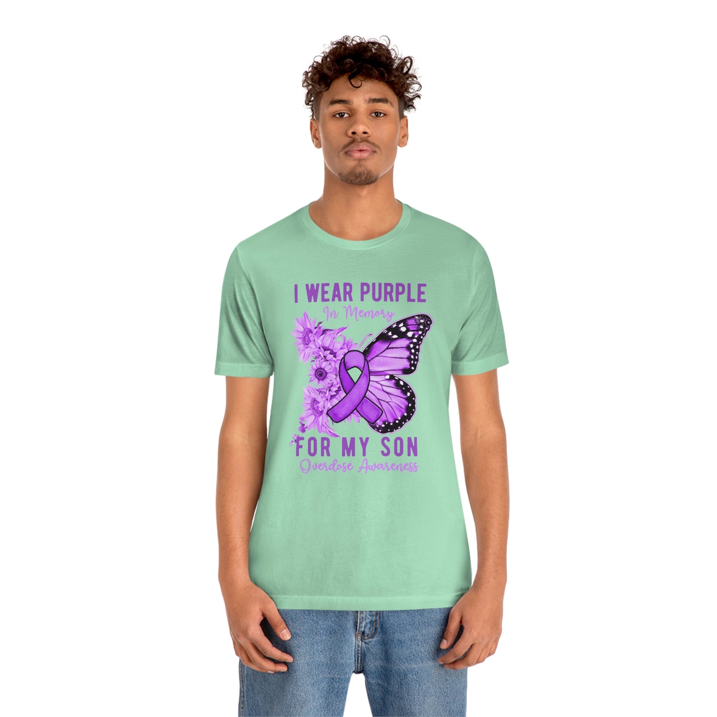 I Wear Purple In Memory For My Son Overdose Awareness Print Unisex Jersey Short Sleeve Tee