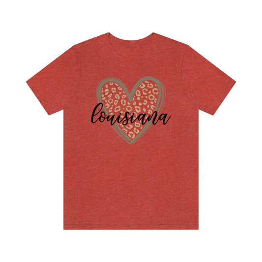 Louisiana Gold Leopard Heart Black Script Short Sleeve T-shirt