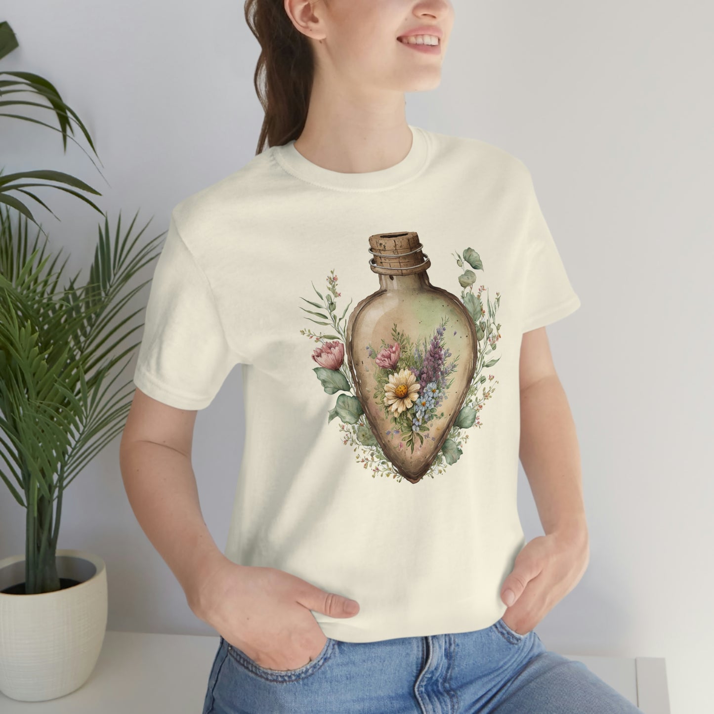 Vintage Bottle Floral Unisex Jersey Short Sleeve Tee