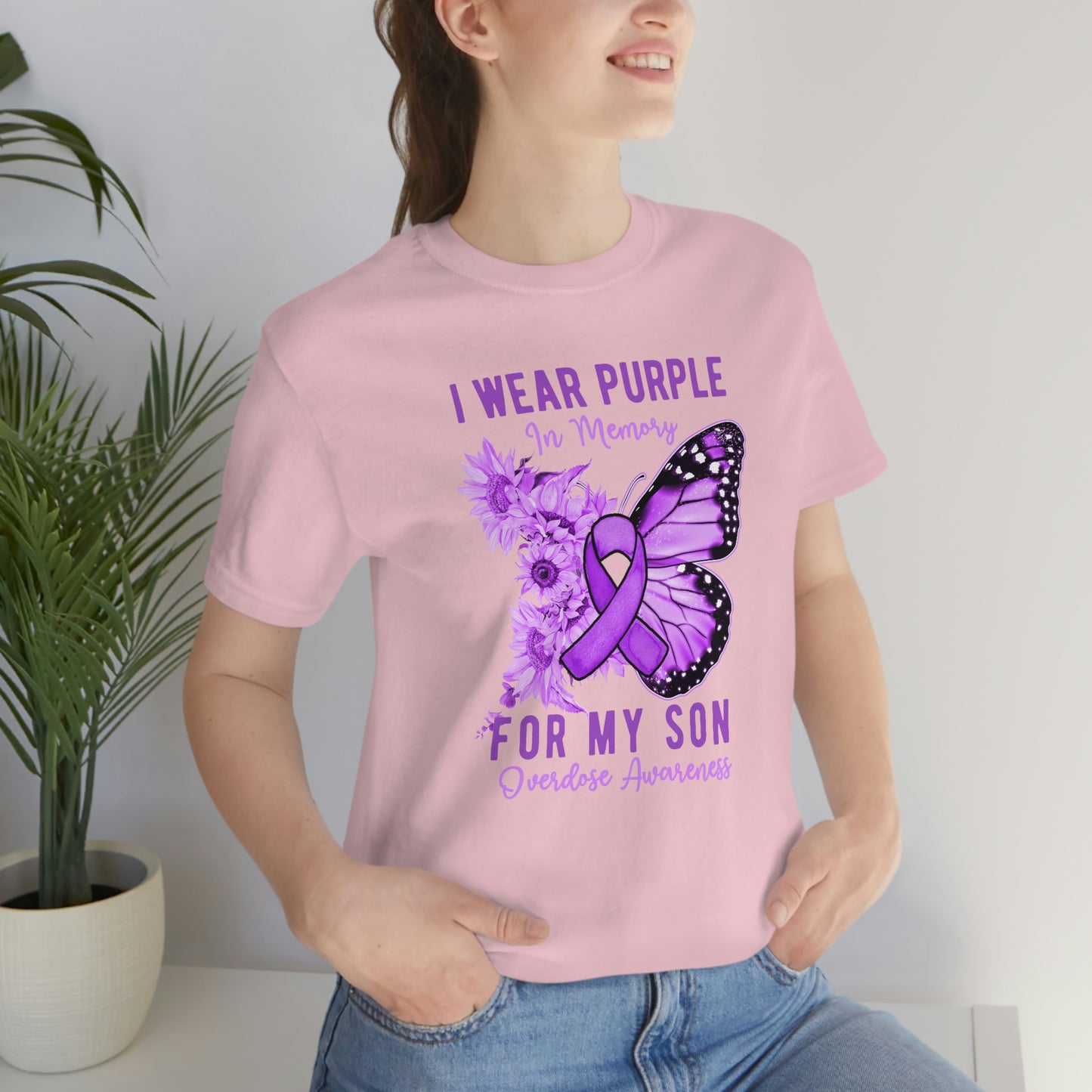 I Wear Purple In Memory For My Son Overdose Awareness Print Unisex Jersey Short Sleeve Tee