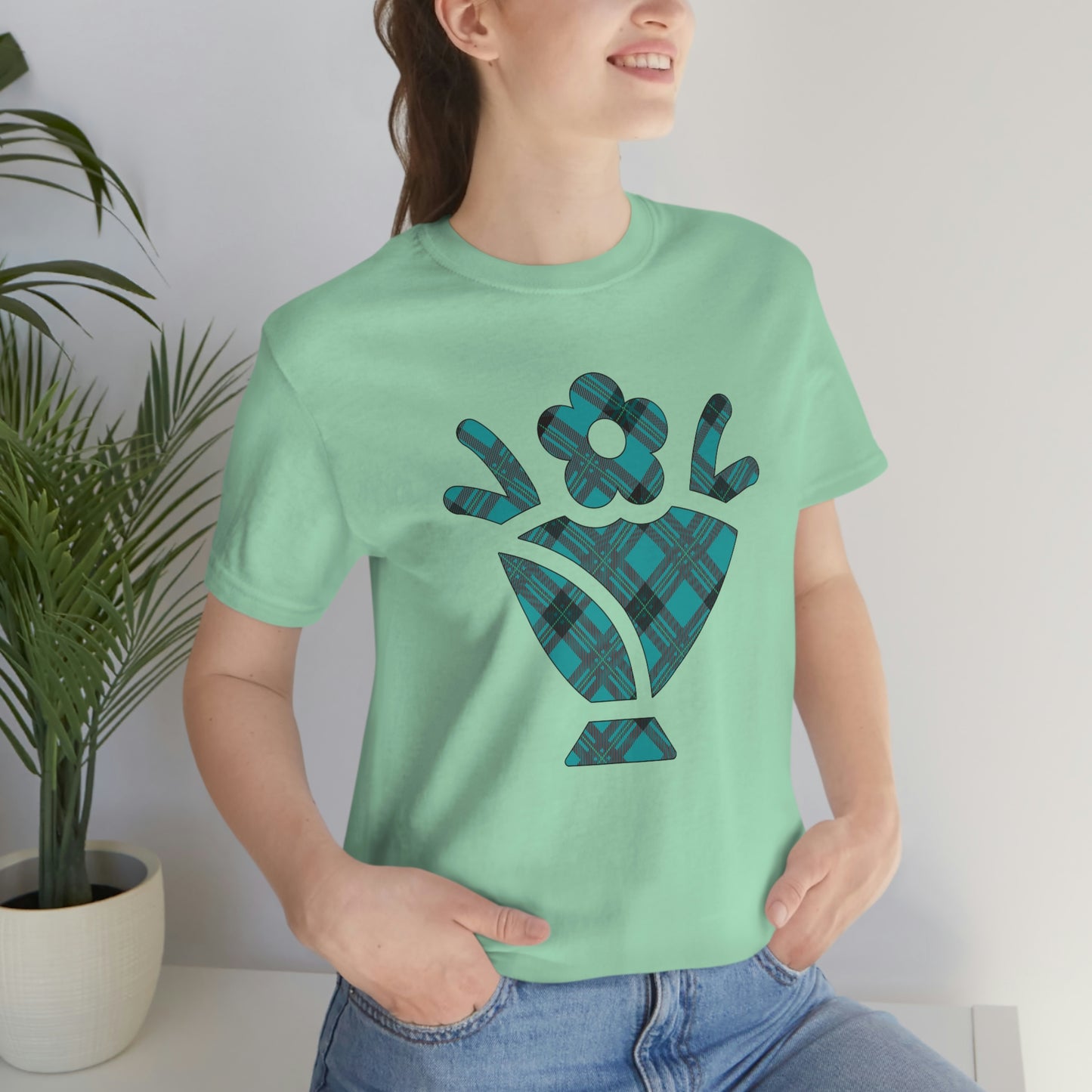 Blue Plaid Egg Basket Flowers Unisex Jersey Short Sleeve Tee