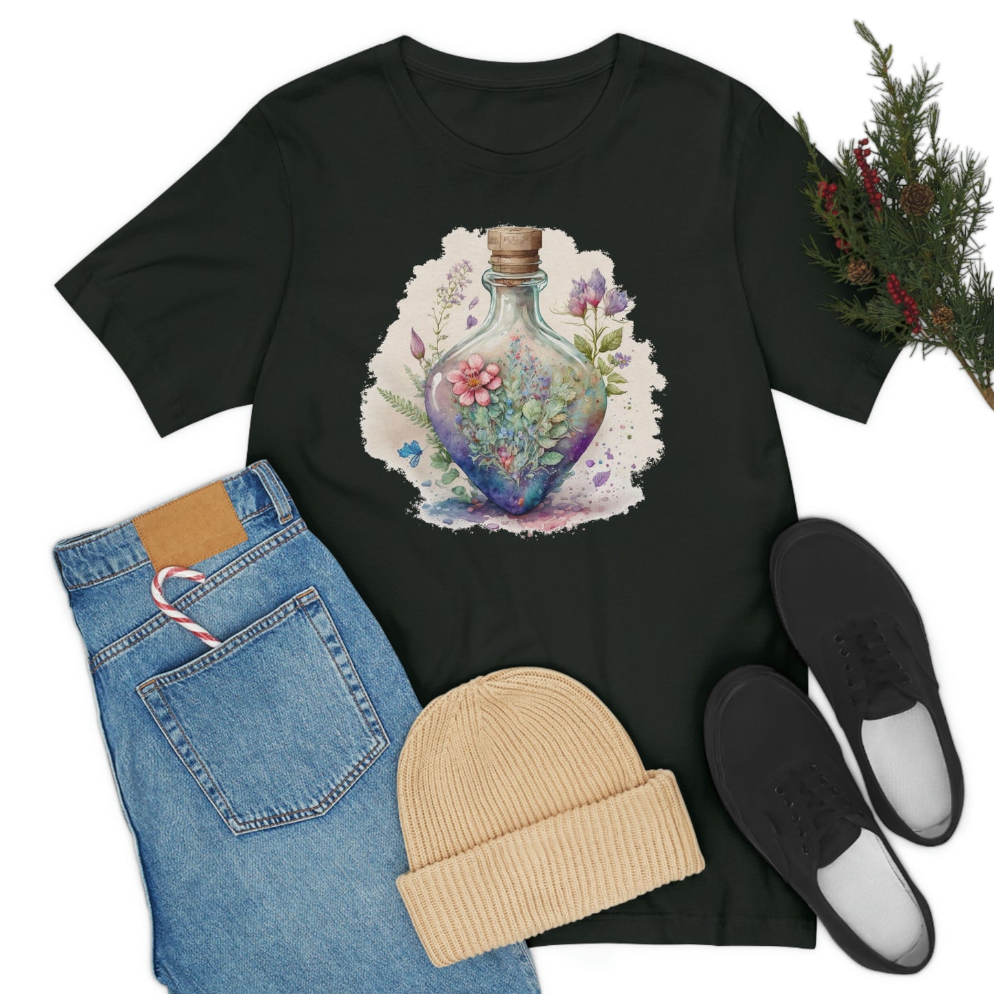 Vintage Bottle Floral Unisex Jersey Short Sleeve Tee