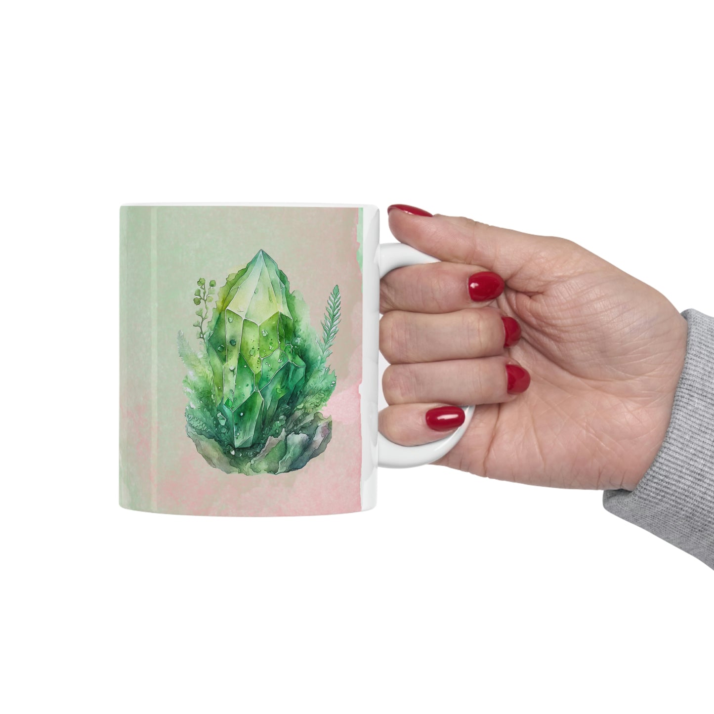 Green Crystal with Plants Watercolor Ceramic Mug 11oz