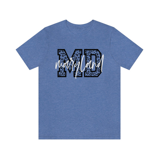 Maryland MD Leopard Print Letters White Script Short Sleeve T-shirt