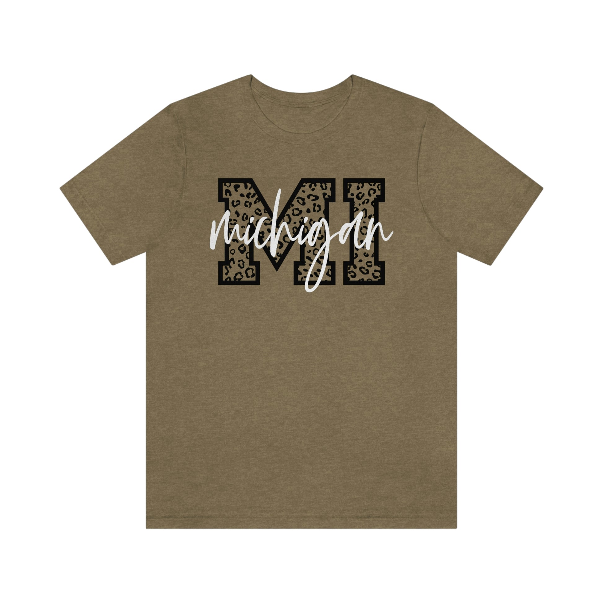 Michigan MI Leopard Print Letters White Script Short Sleeve T-shirt