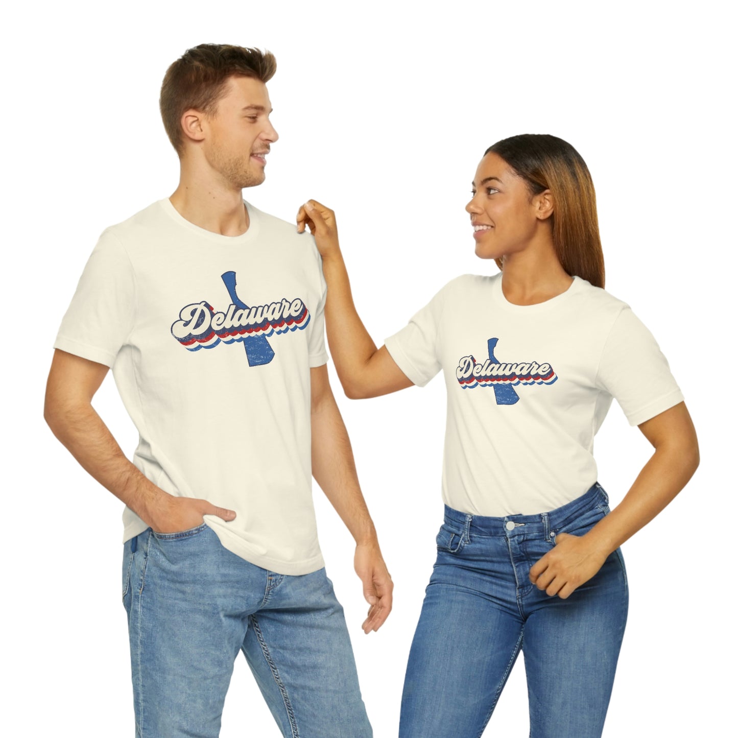 Delaware Script Red White Blue on Blue Delaware Short Sleeve T-shirt